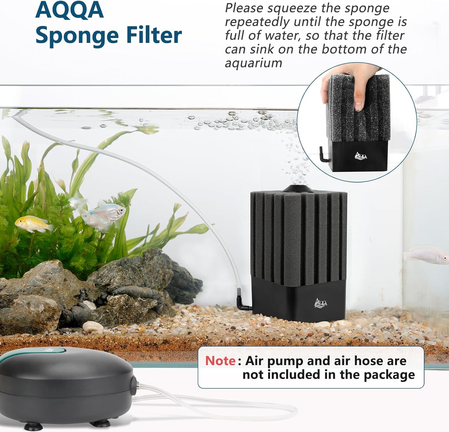 AQQA Aquarium Filter Fish Tank Sponge Filter Whisper Submersible Filters for Aquarium Foam Filter for Freshwater & Saltwater(Medium for 20-110 Gallon)
