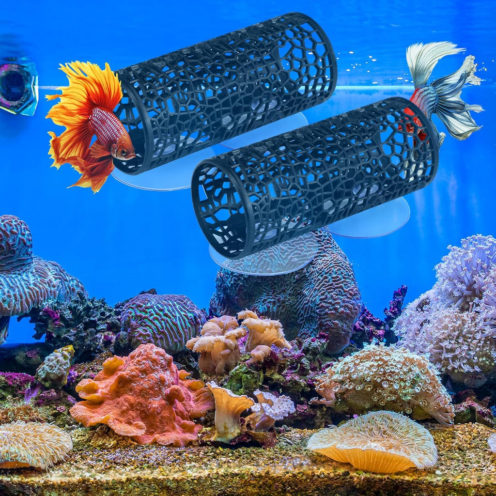 Honeydak 2 Pcs Betta Fish Tank Accessories Black Betta Tunnel Fish Toys Safe Hollow Hammock Cave Aquarium Decor Hideout Tube Shelter with Suction Cups for Small Fish Shrimp Reptile Guppies