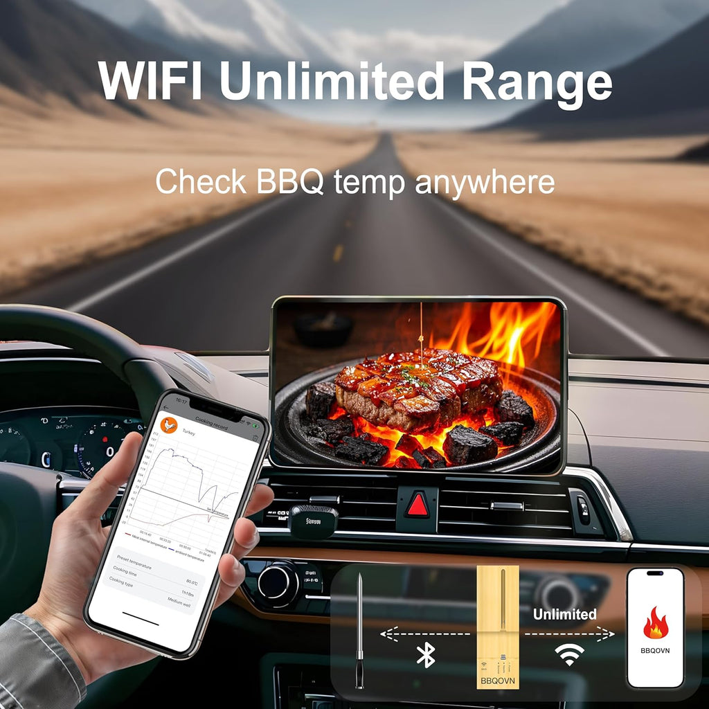 Dual Band WiFi 2.4G+5G Bluetooth Wireless Meat Thermometer, 7 Smart Temperature Sensors, Unlimited Range App Monitoring, 100% Wire-Free Probe for BBQ, Grill, Smoker, Oven & Rotisserie