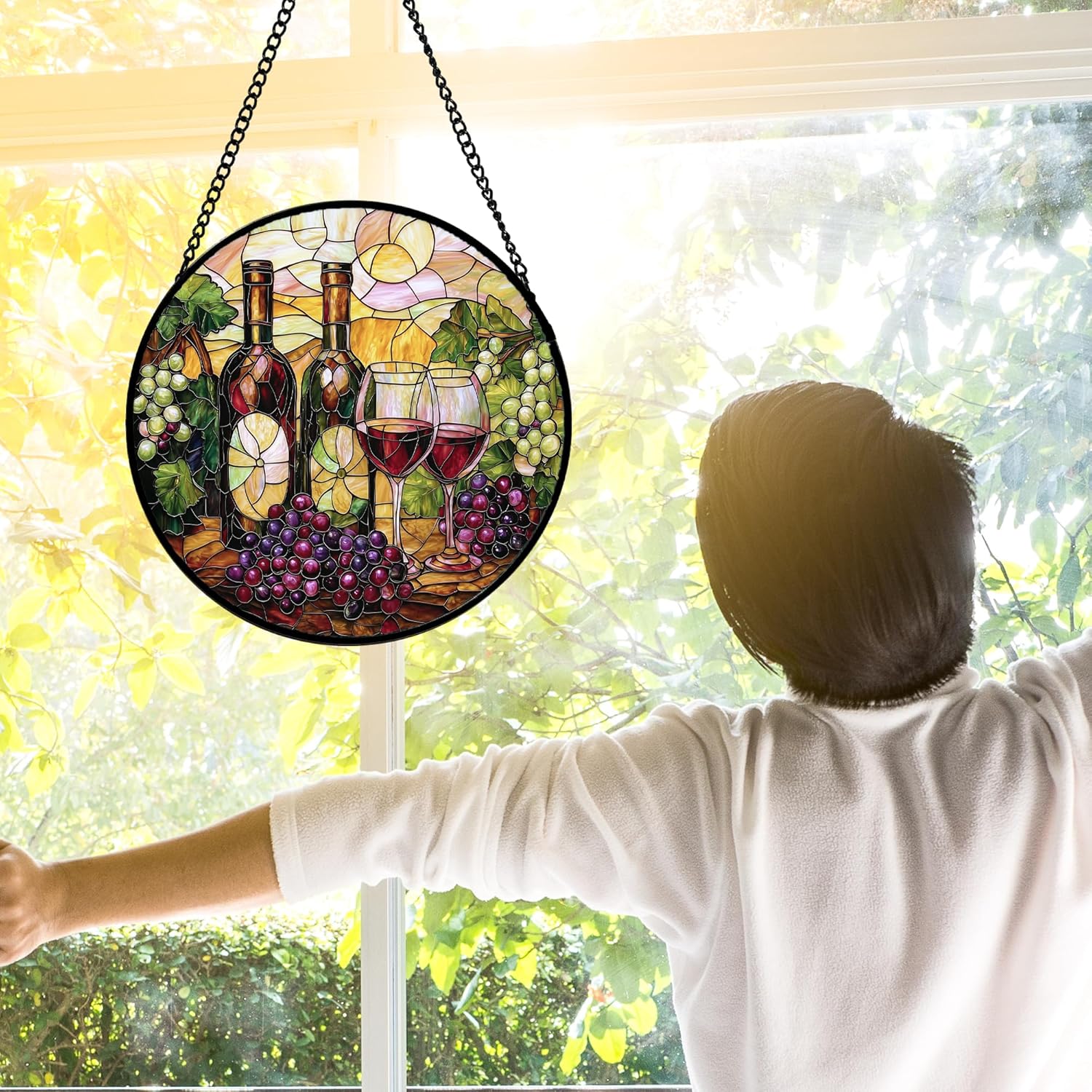 Stained Glass Window Hanging, Grapes and Wine Suncatcher Diamond Glass Panel Hangings Sun Catchers Decor for Birthday for Women, Men, Wife, Aunt, and Mom 11.8x11.8 in