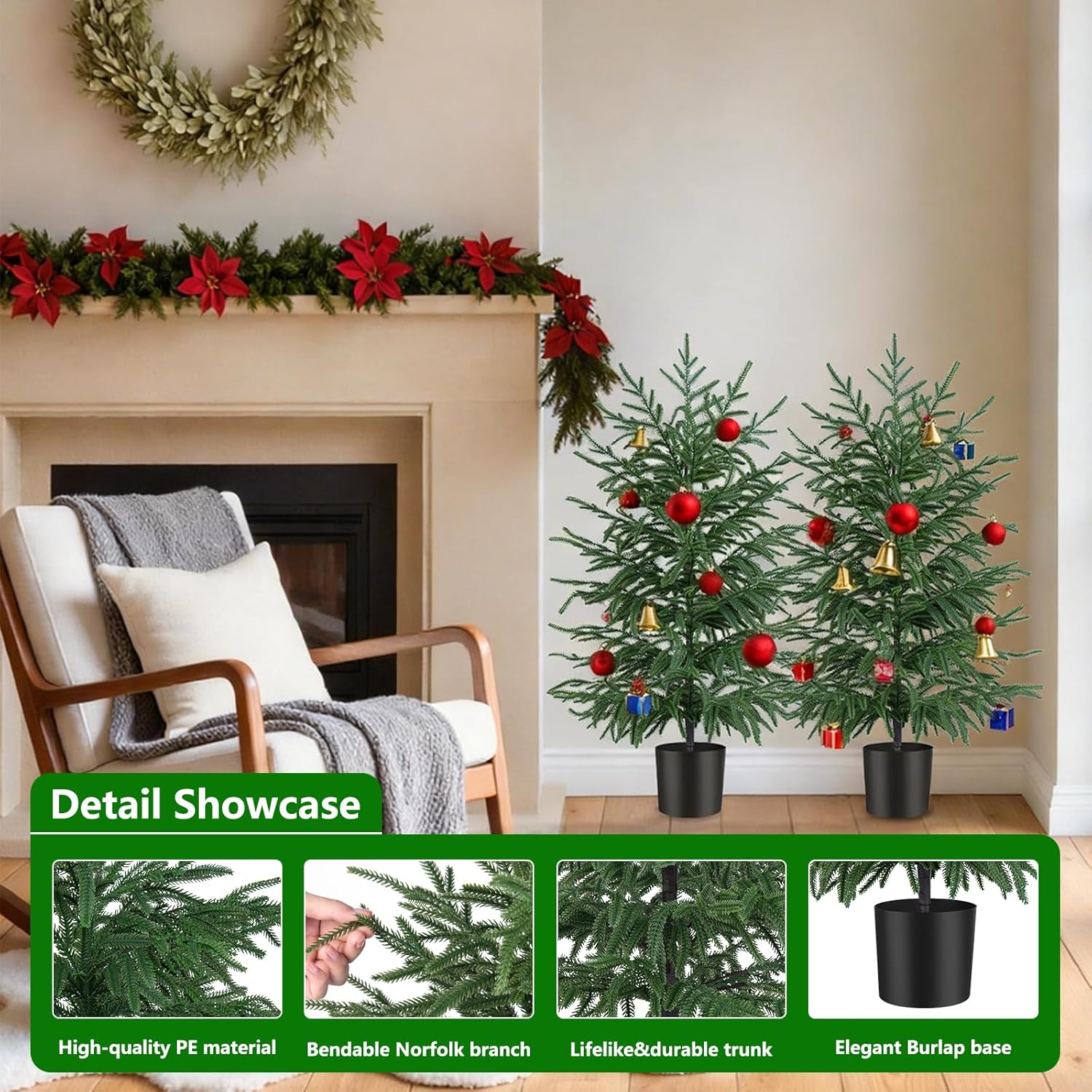 3FT Artificial Norfolk Pine Tree, Realistic UV Rated Shrubs Fake Potted Plants, Faux Trees Bushes for Christmas Decorations Outdoor Indoor Home Front Porch Decor