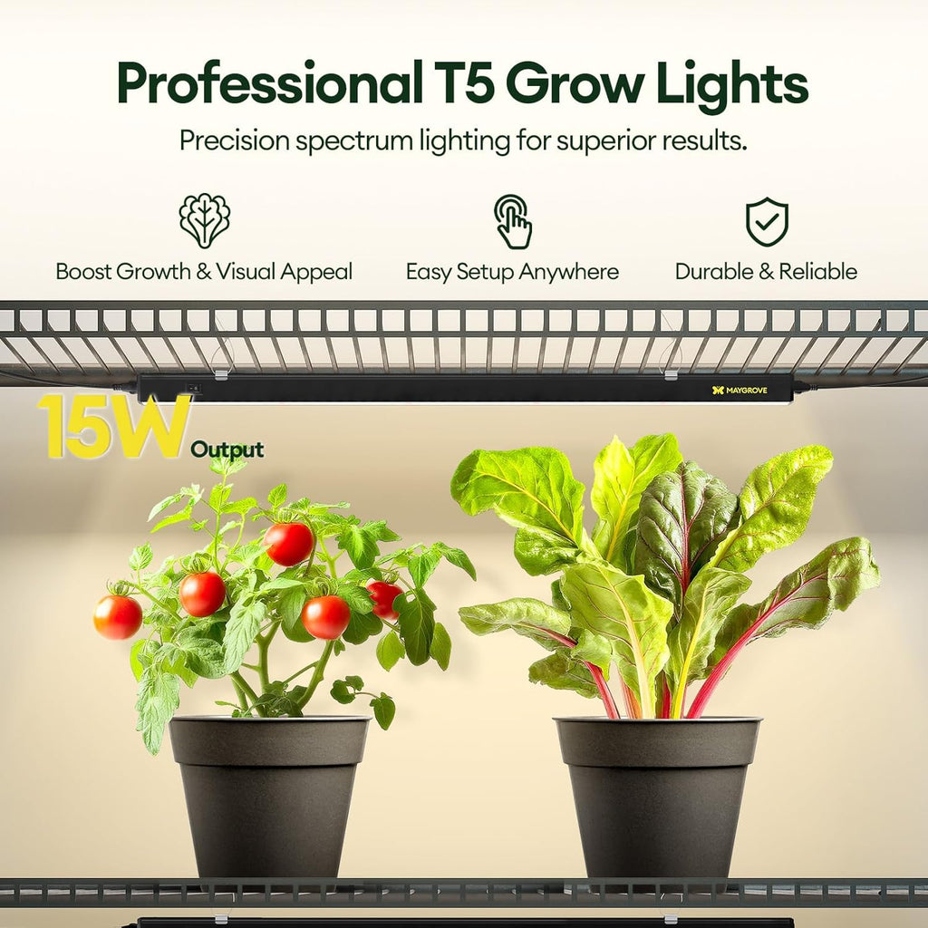Grow Lights for Indoor Plants 2FT, Red-Enhanced Full Spectrum 5000K Grow Light, 60W(4 x 15W), T5 LED Grow Light Strips for Leafy Greens and Vegetables, High PPFD, Linkable, Black, 4-Pack