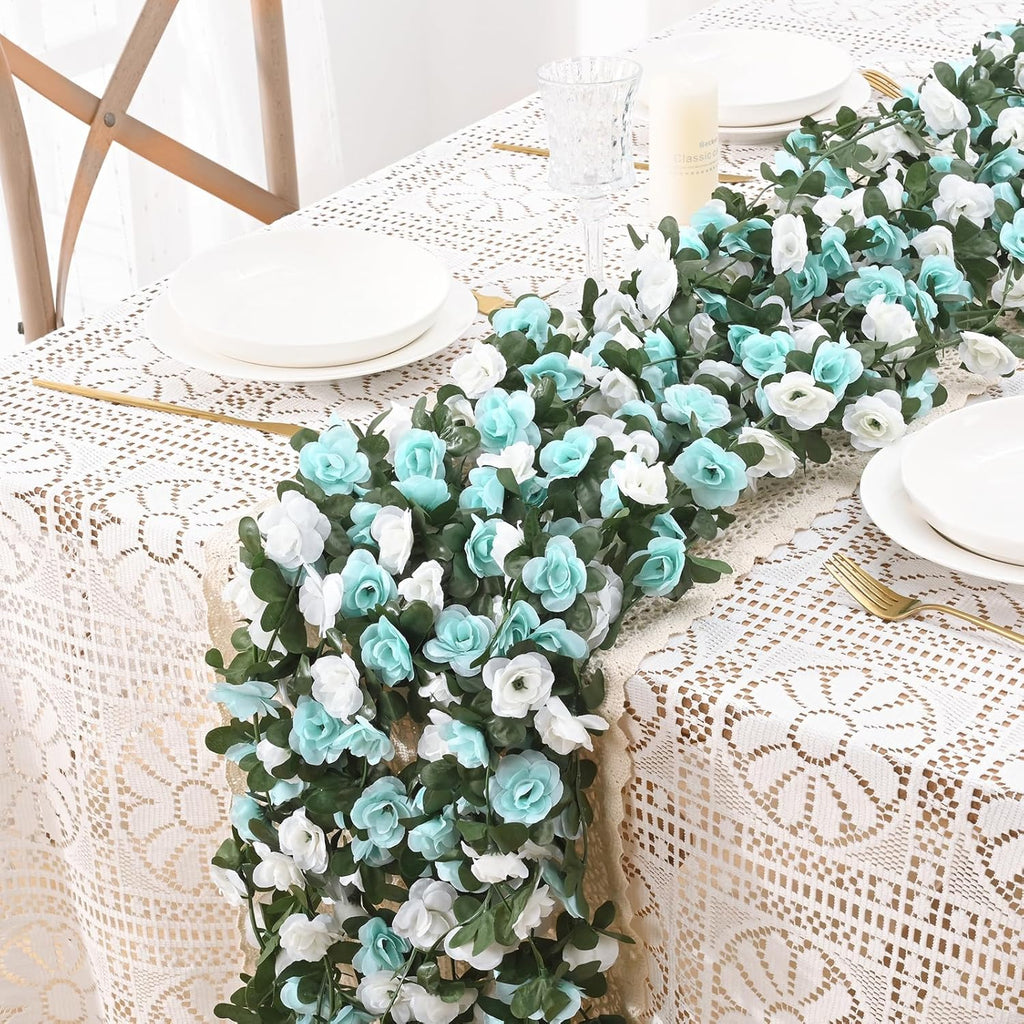 BLEUM CADE 5Pcs 41Ft Flower Garland Artificial Rose Vines with 32.8Ft String Lights, Cute Fake Hanging Flower Vines Floral Garland Decorations for Wedding Party Wall Room Decor Aesthetic