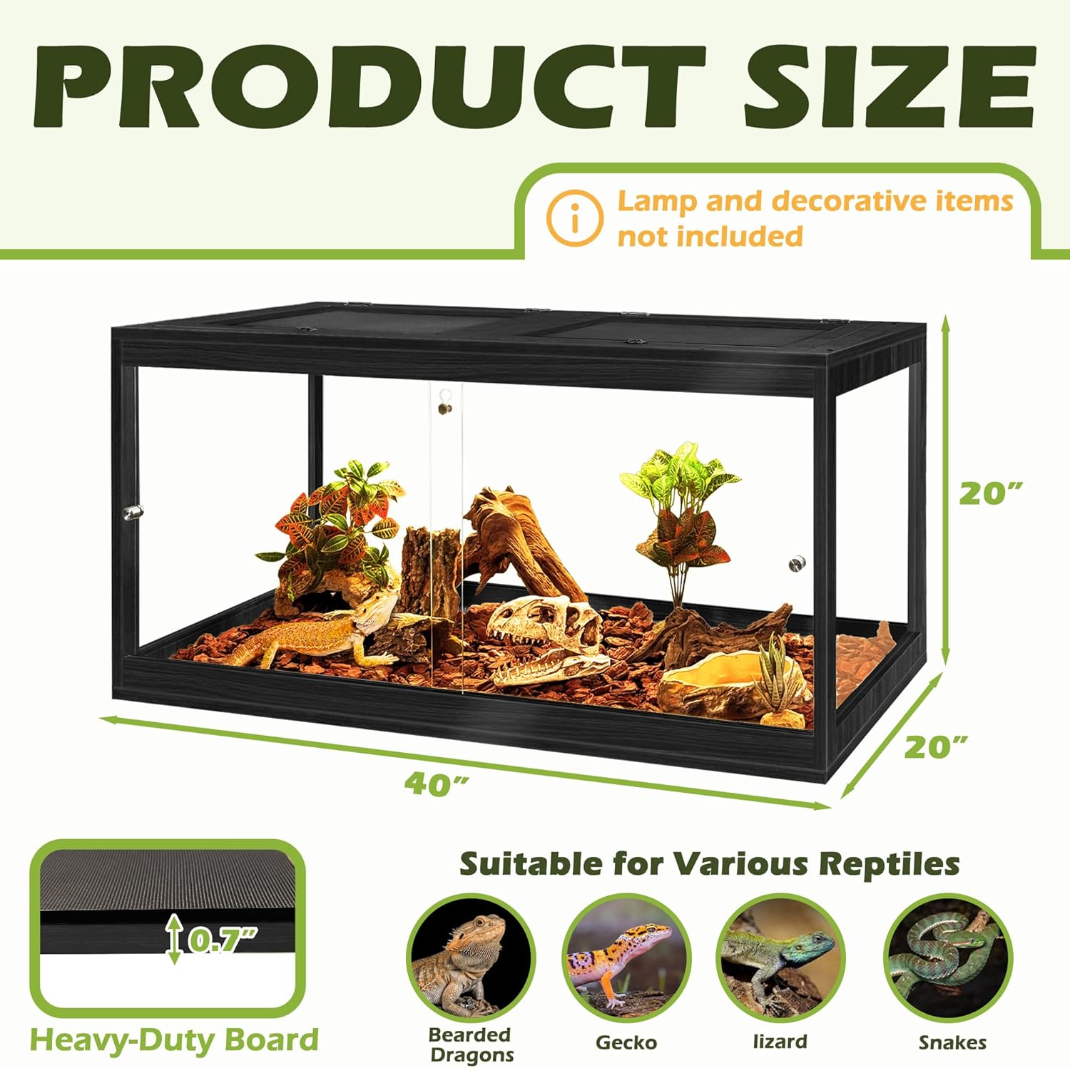 Prolee Tempered Glass Bearded Dragon Tank 28 Gallon,Reptile Encloure and Snake Tank with Metal Mesh Roof Door,Locking Design Reptile Tank for Lizard,Gecko,Chameleon (Black, 63 Gallon (40x20x20 Inch))