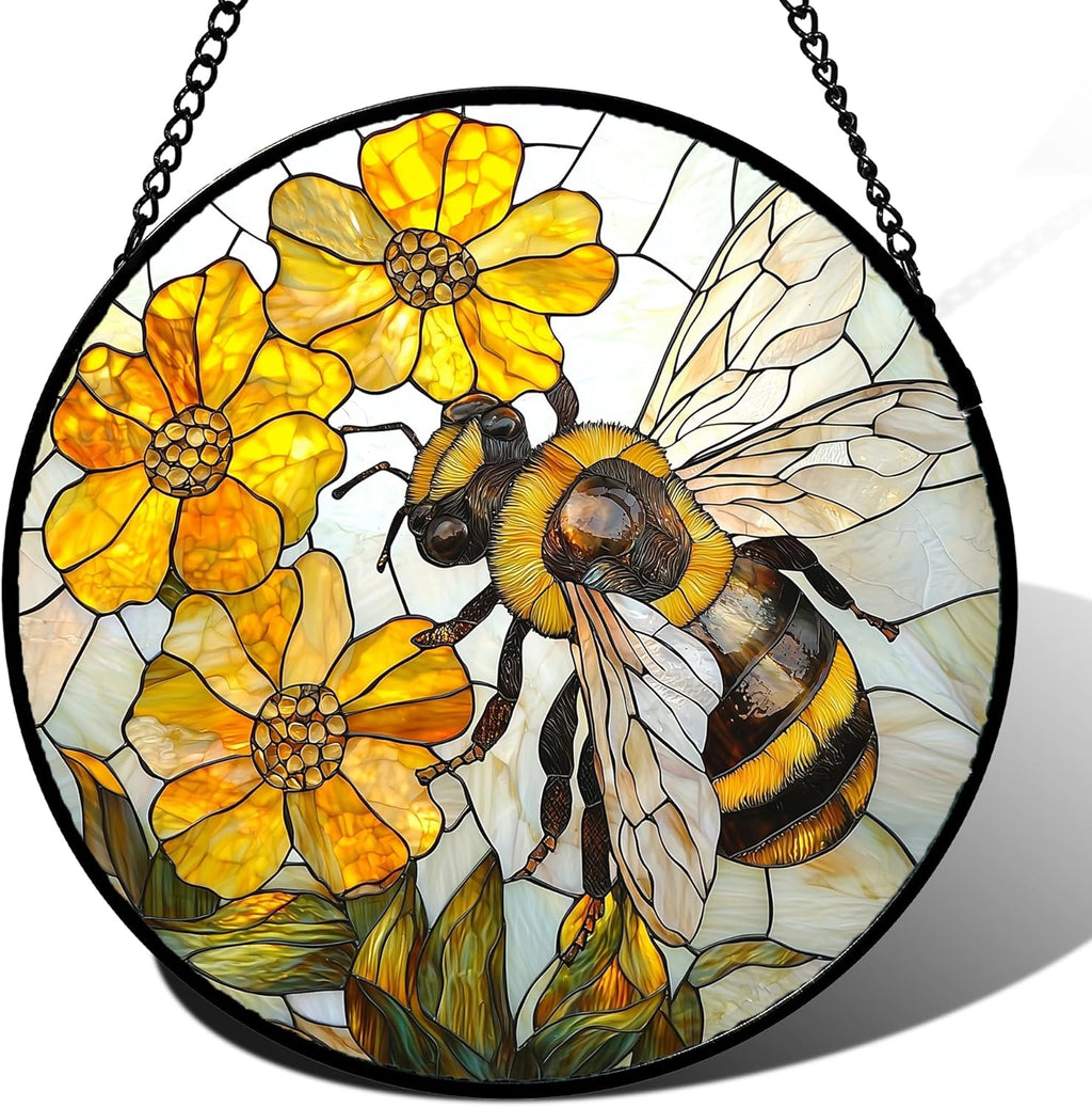 Stained Glass Window Hanging - Yellow Bees Gathering Flowers Sun Catcher for Door Garden Home Decor Cute Suncatcher Christmas Mother's Day Birthday Gifts for Women Men Mom Nana 7.8 in