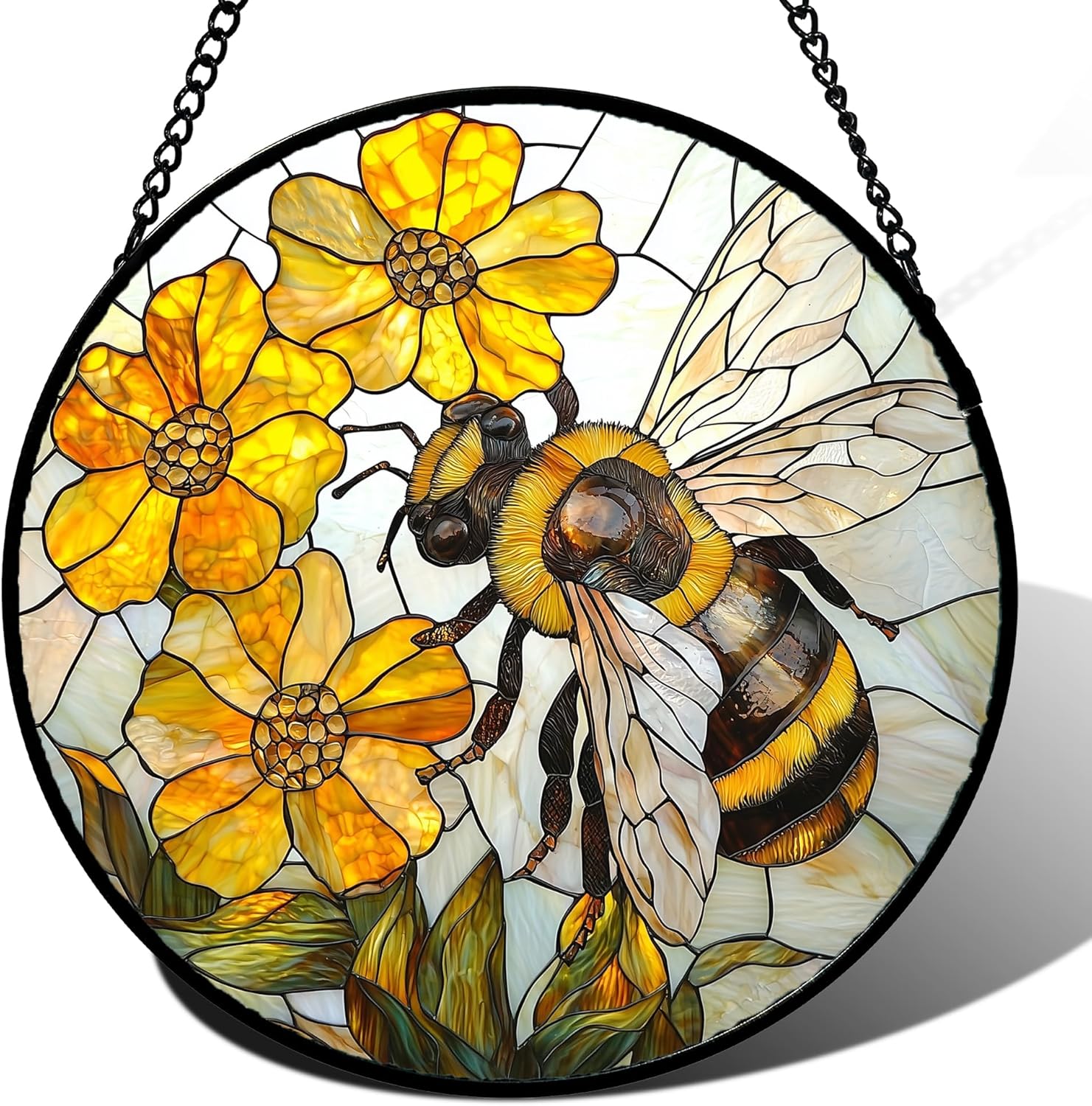 Stained Glass Window Hanging - Yellow Bees Gathering Flowers Sun Catcher for Door Garden Home Decor Cute Suncatcher Christmas Mother's Day Birthday Gifts for Women Men Mom Nana 7.8 in