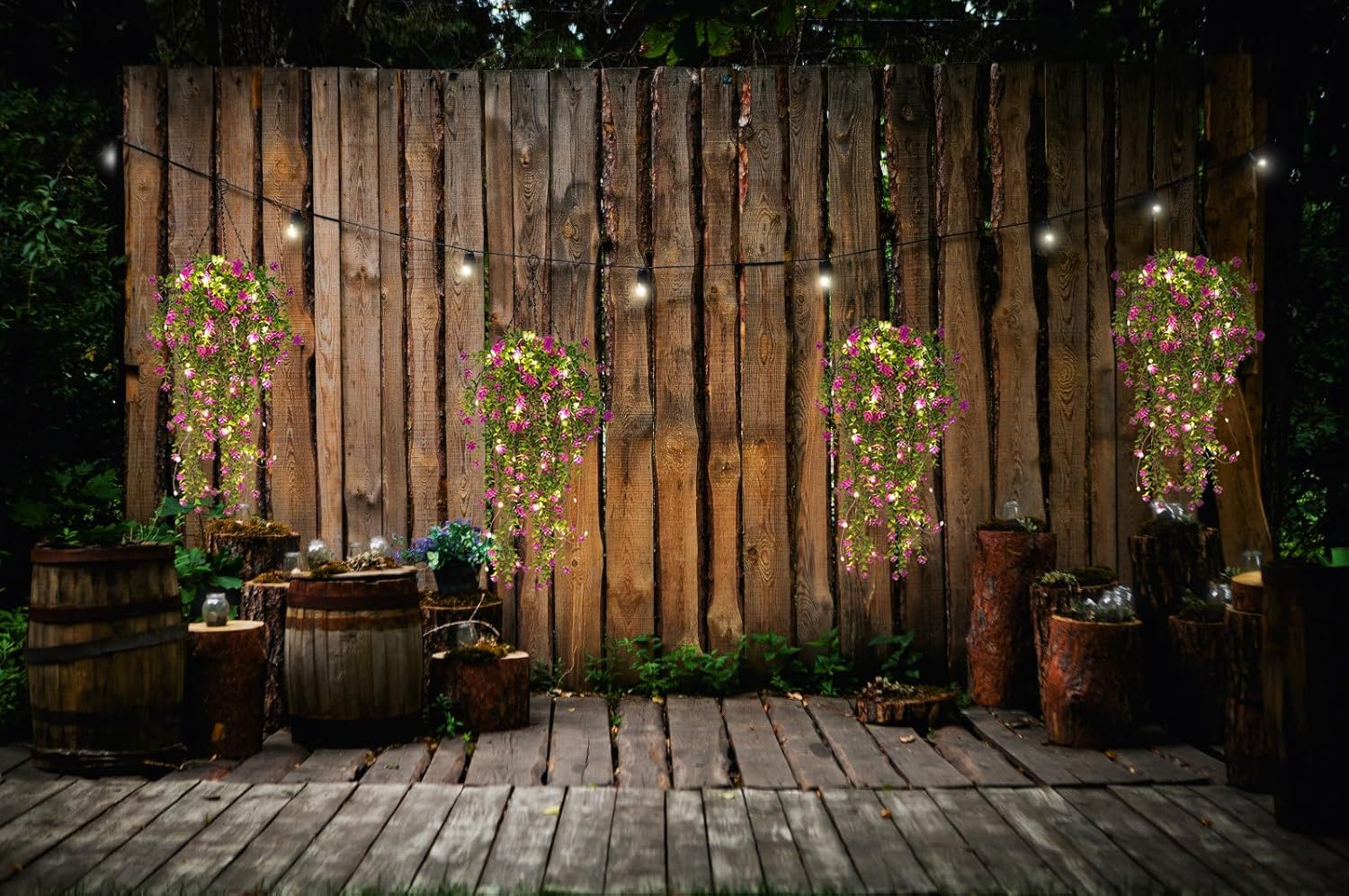 RECUTMS Artificial Hanging Plants with Lights Fake Hanging Plant Faux Eucalyptus Leaf Greenery Vine Outdoor UV Resistant Plastic Plants Home Garden Wedding Party Indoor Outdoor Decorations (Fuchsia)