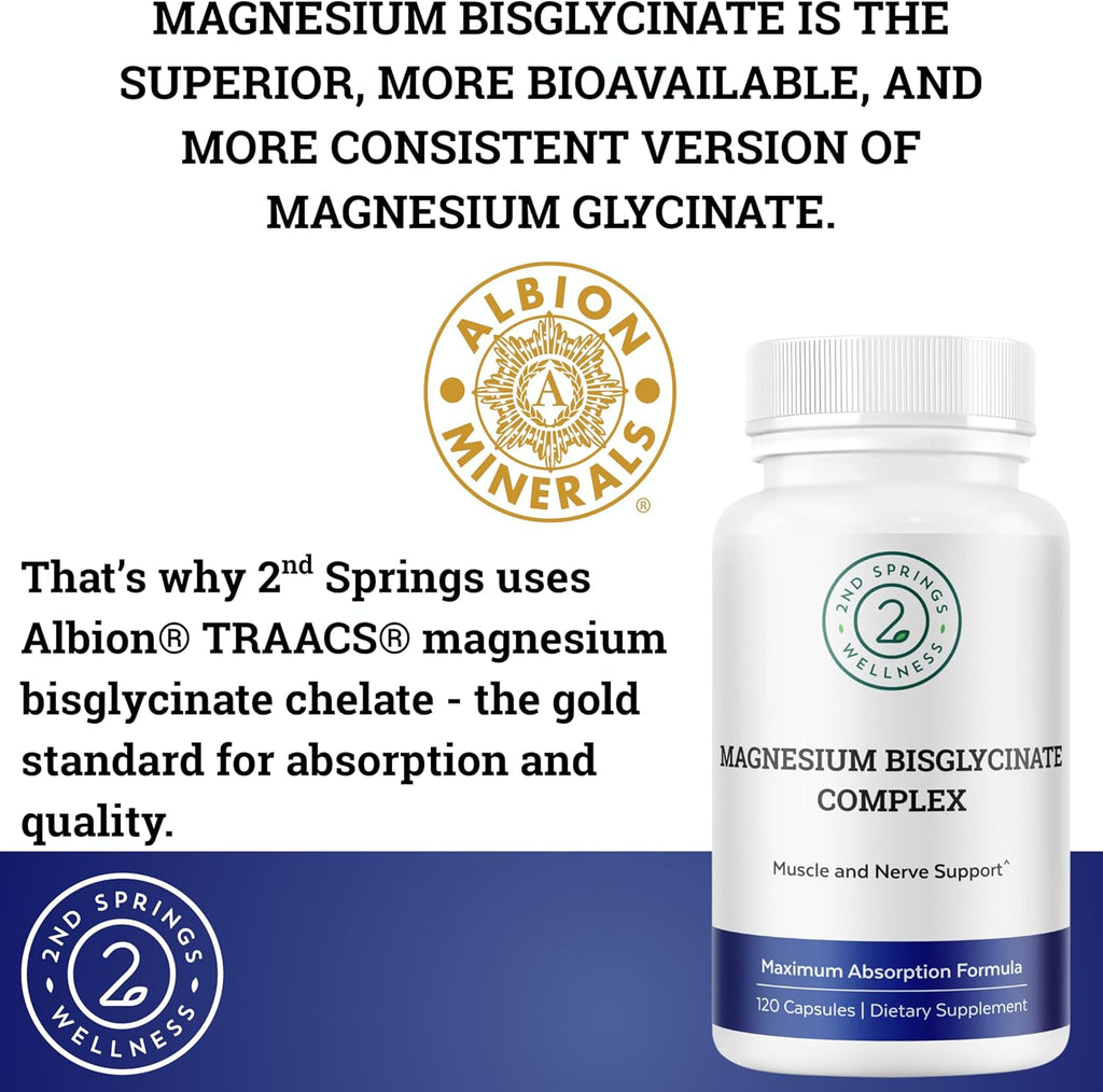 Magnesium Bisglycinate Complex 400mg – Albion TRAACS Chelated Magnesium for Maximum Absorption – Gentle on Stomach, Highly Bioavailable Magnesium Supplement – 120 Capsules