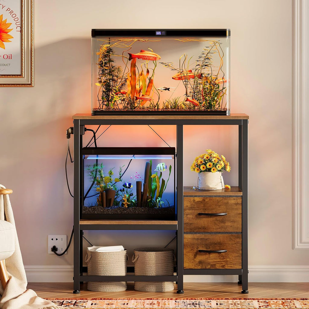 20-29 Gallon Fish Tank Stand with Power Outlet Vintage Metal Aquarium Stand with 2 Fabric Drawers Heavy Duty Reptile Tank Stand with 3-Tier Adjustable Storage Shelves, Left-Right Mounting