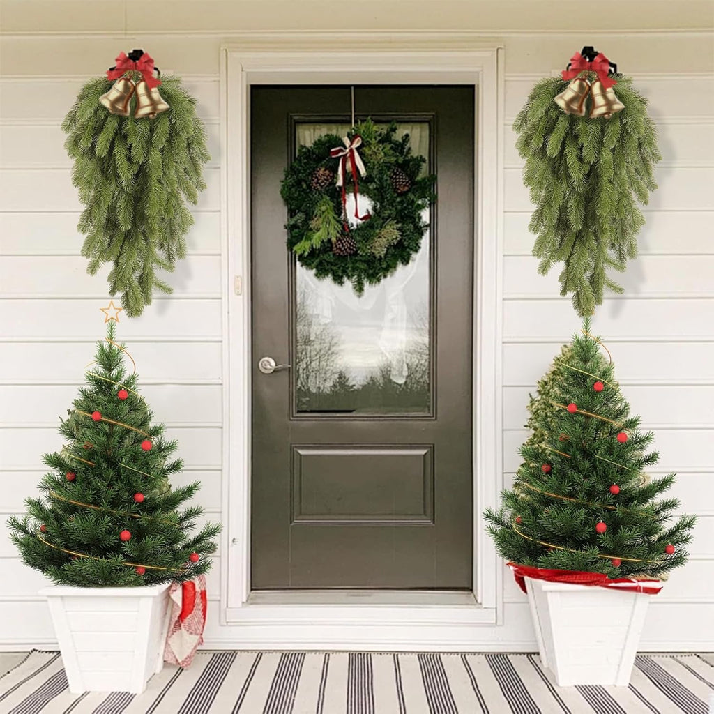 SJL Christmas Swags Stairway Swag, Hanging Teardrop Ornament Faux Winter Pine Wreath Christmas Pine Branches Outdoor Hanging Plants Winter Teardrop Wreath Holiday Decorations for Porch Yard(Green)