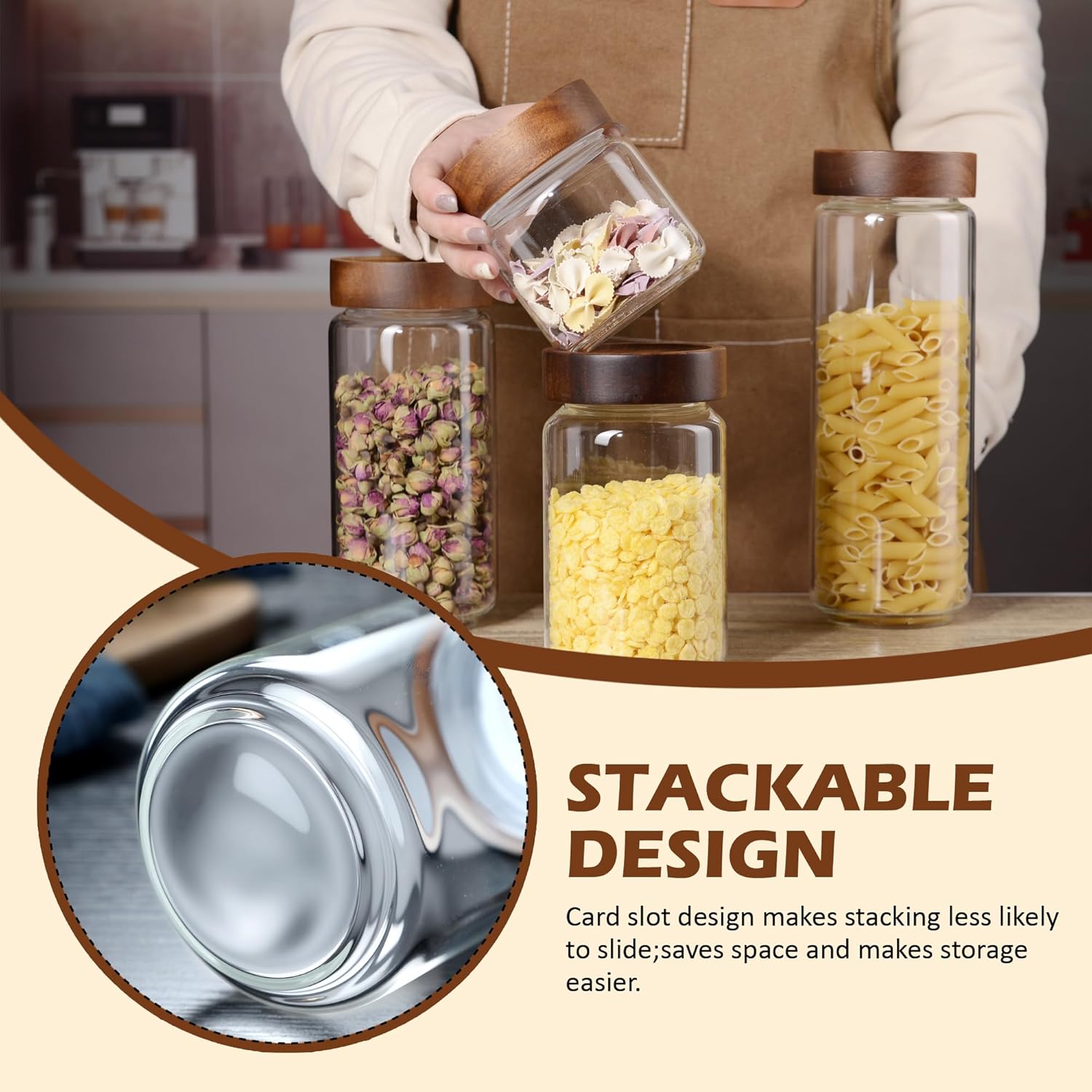 13.5 fl oz/400 ml Glass Jar with Airtight Wooden Screw Top Lid, Clear Stackable Food Storage Canister, Small Cute Decorative Glass Container for Coffee, Candy, Cookie, Sugar, Oatmeal, Salt