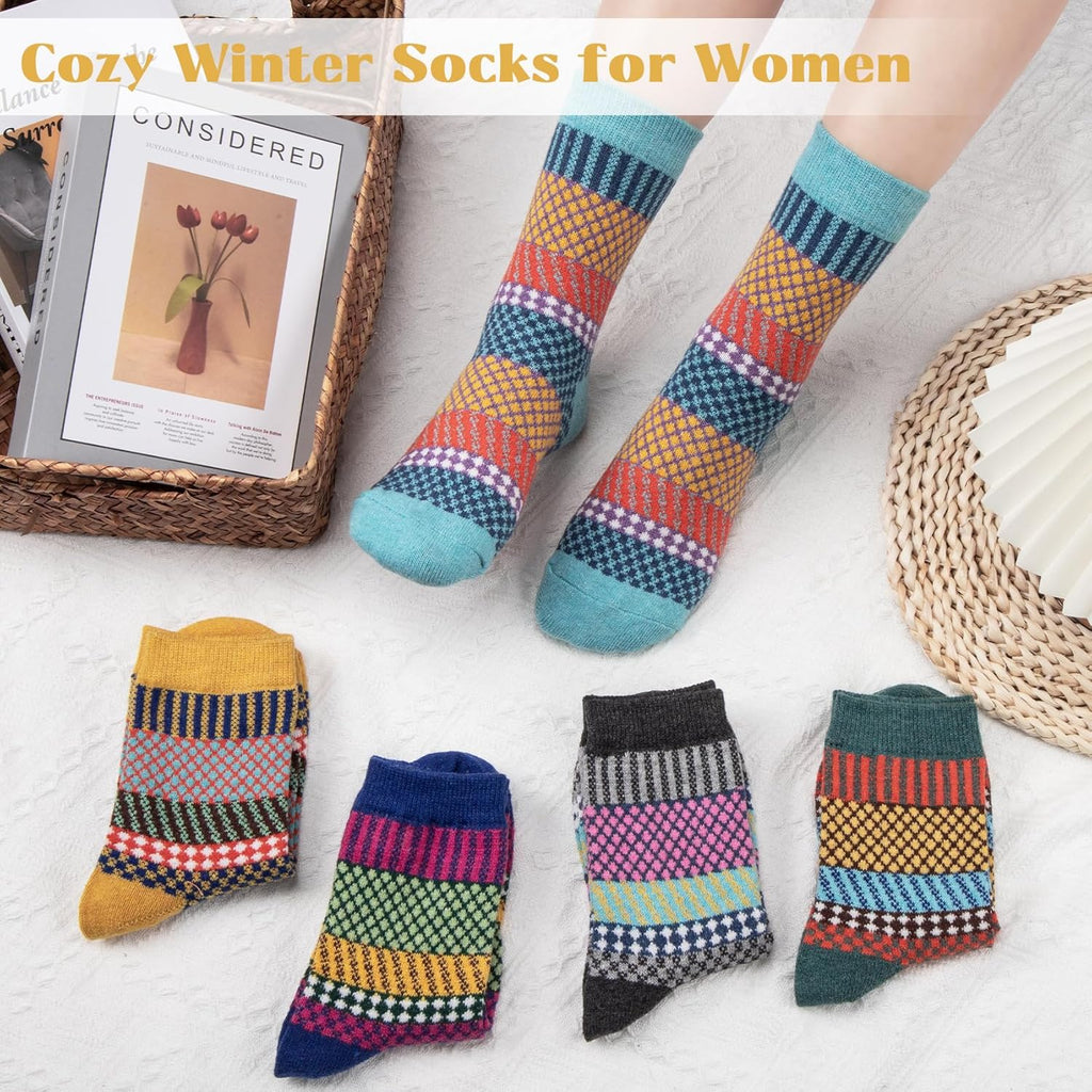 Justay 5 Pairs Wool Socks for Women - Winter Thick Boot Cozy Crew Vintage Soft Calf Knit Warm Socks Gifts