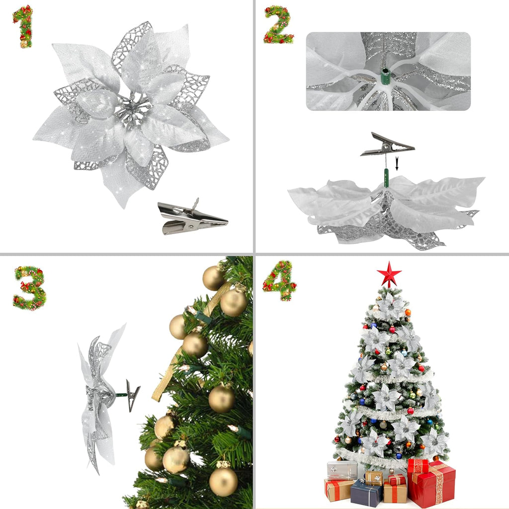 12 PCS Poinsettia Flower Artificial Poinsettia Christmas Decoration 8.7'' Silver Glitter Poinsettias Christmas Ornaments Christmas Tree Flower Decor with Clips DIY Xmas Wreath Holiday Home Party Decor
