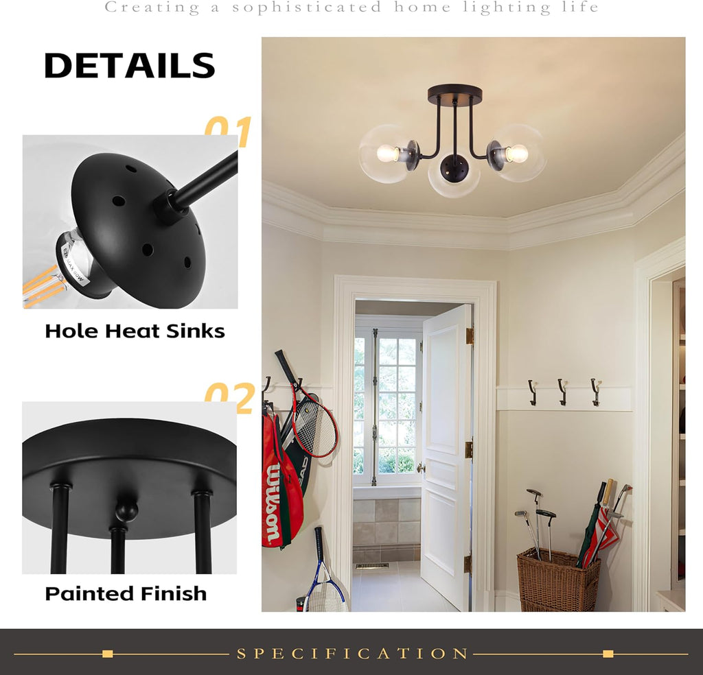 KoKo&Yukina 3-Light Semi Flush Mount Ceiling Light Globe Lights Mid Century Ceiling Light with Clear Glass Globe & Matte Black for Bedroom Hallway Entryway Kitchen Living Room (Bulb Incl.)
