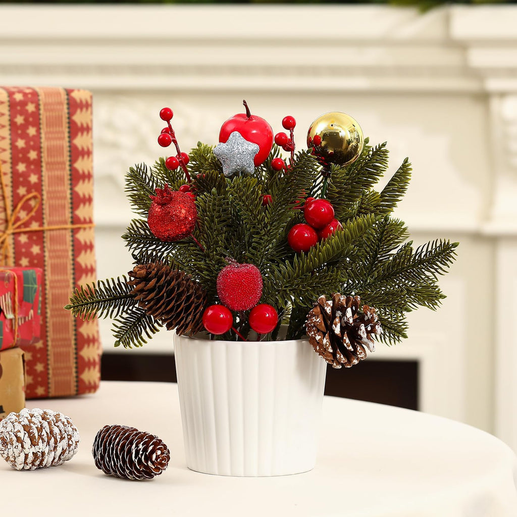 12 Inch Tabletop Christmas Tree with White Ceramic Potted,Mini Christmas Tree Holiday Decorations with Apples Pine Cones Gold Xmas Ball Berries for Home Indoor Xmas Tabel Decor