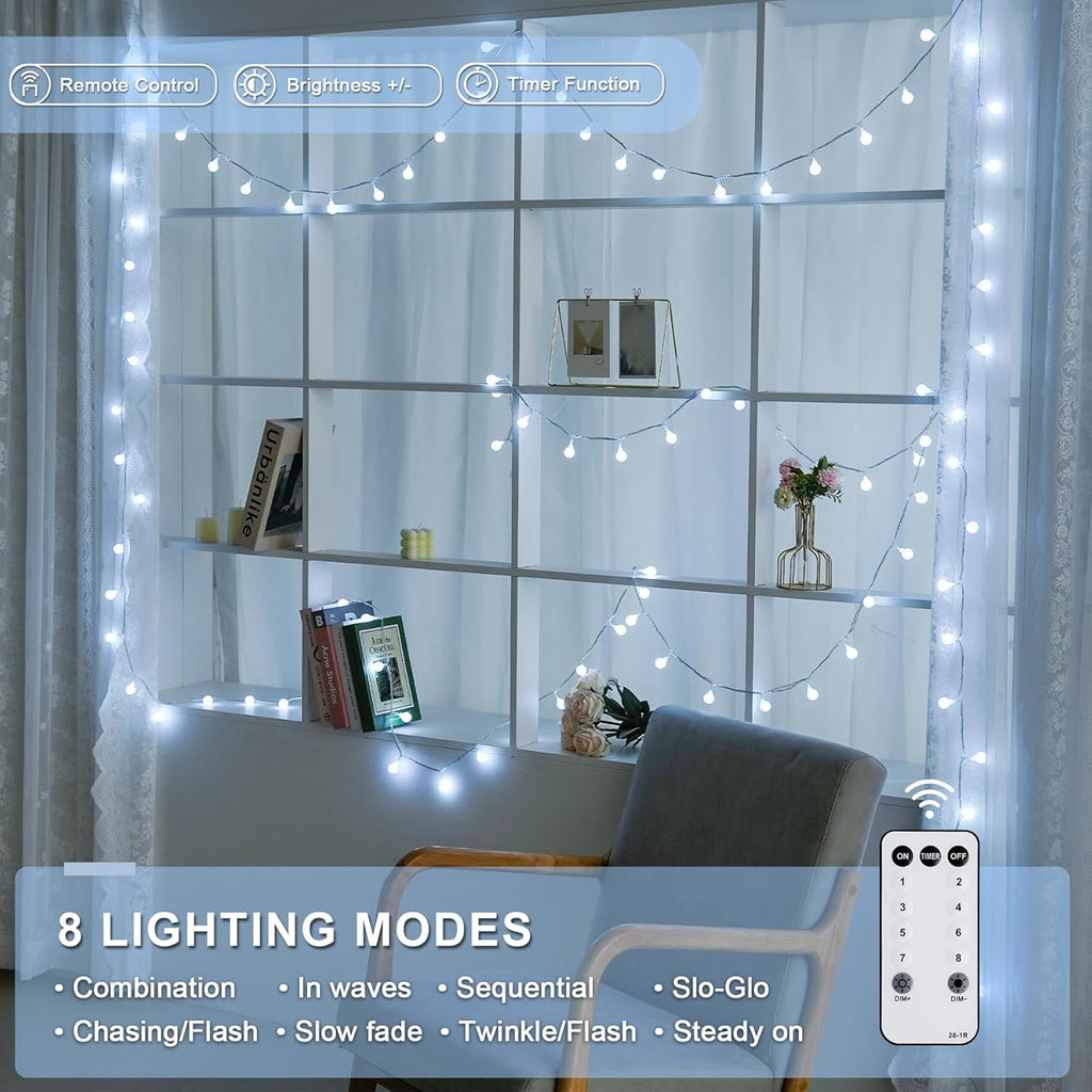 JMEXSUSS 100 LED White Christmas Lights Indoor, Connectable Globe String Lights Plug in with Remote, 33 ft 8 Modes Fairy Light Outdoor for Bedroom Room Party Tree Christmas Decorations