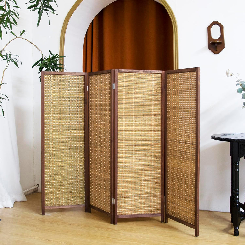 4 Panel Short Panel Divider Screen,3.95 FT Tall Bamboo Room Divider Folding Privacy Screen,Short Panel Divider Freestanding Room Divider for Room Seperation,Brown
