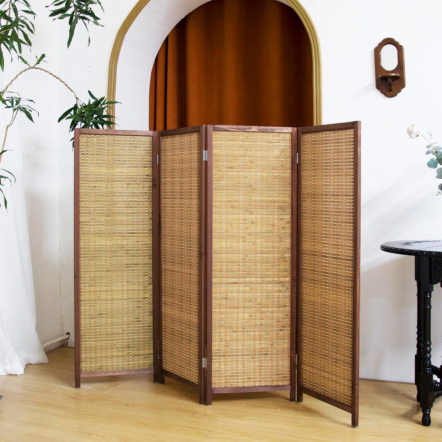 4 Panel Short Panel Divider Screen,3.95 FT Tall Bamboo Room Divider Folding Privacy Screen,Short Panel Divider Freestanding Room Divider for Room Seperation,Brown