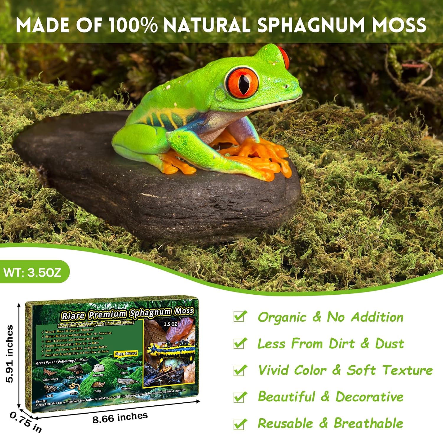 Riare 3.5 OZ Premium Sphagnum Moss for Reptiles- 4QT Natural Live Moss Reptile Moss Bedding for Terrarium, Hatching, Forest Sphagnum Moss Reptile Substrate for Snakes, Gecko, Turtles, Frogs, Leopard