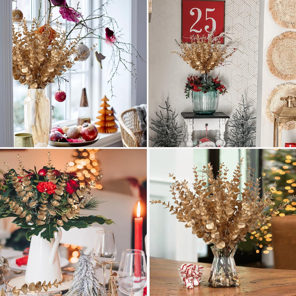 RECUTMS 36 Pcs Gold Eucalyptus Leaves Stems 15 inch Artificial Leaf Branches for Autumn Fall Wedding Centerpiece Flower Bouquet Christmas Picks Floral Arrangemen Office Home Table Decor