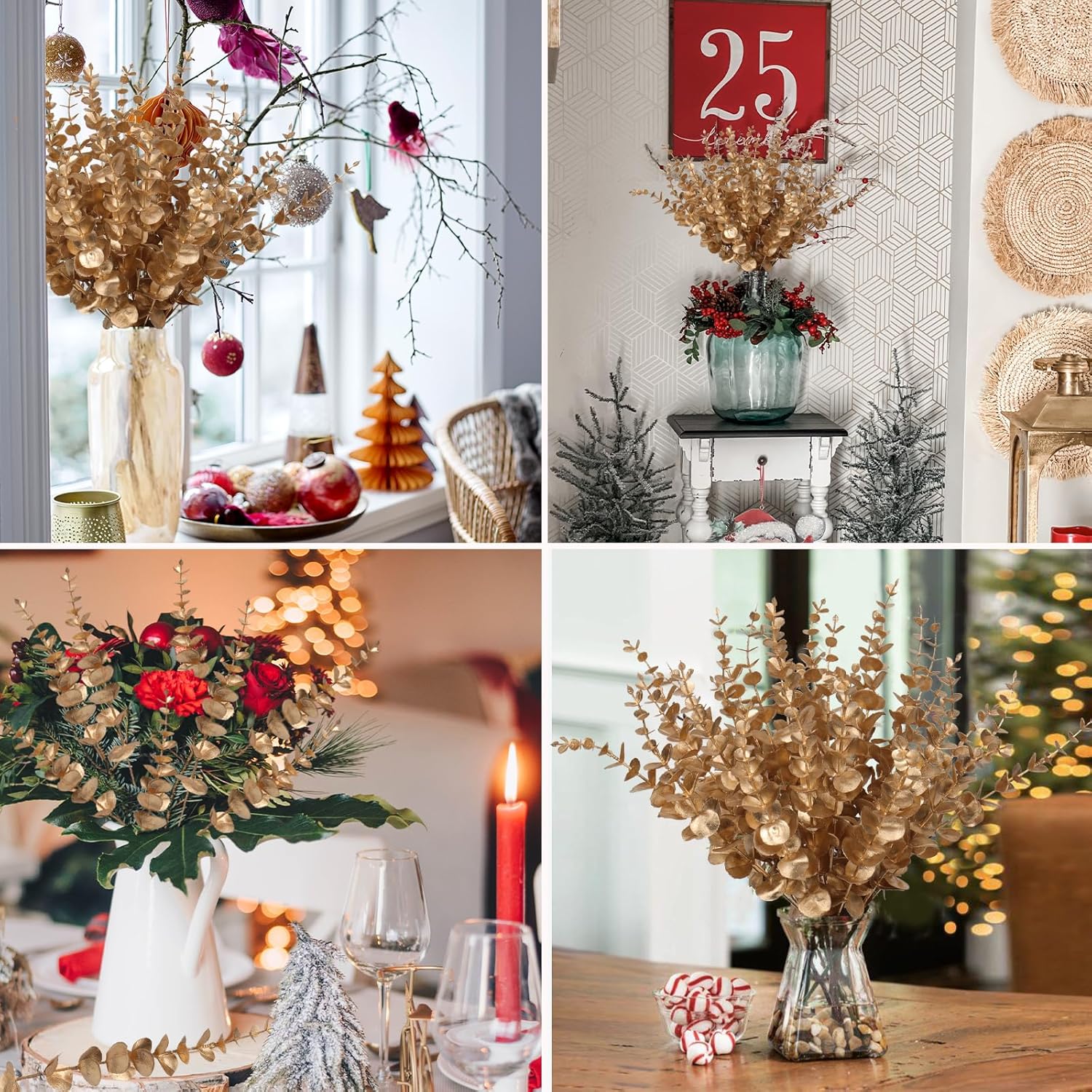RECUTMS 36 Pcs Gold Eucalyptus Leaves Stems 15 inch Artificial Leaf Branches for Autumn Fall Wedding Centerpiece Flower Bouquet Christmas Picks Floral Arrangemen Office Home Table Decor