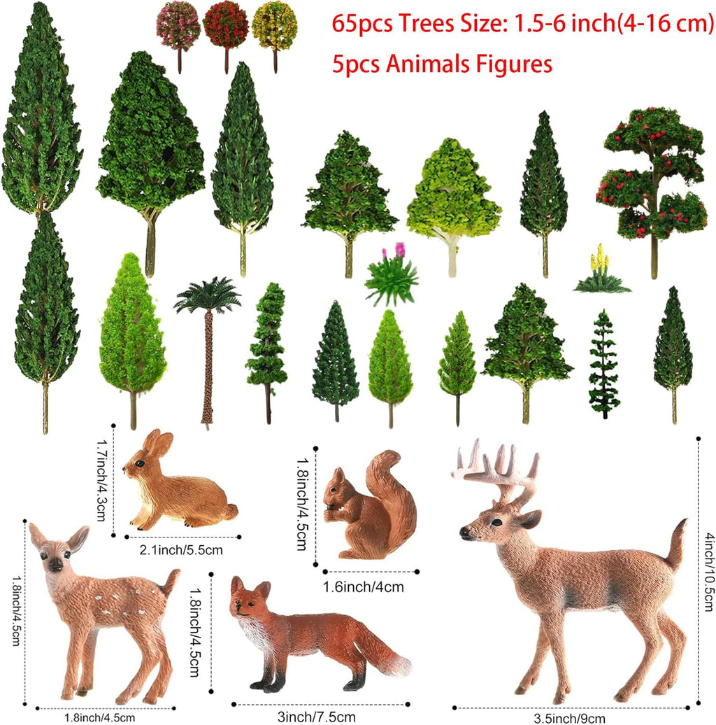 Mixed Model Trees, 70pcs, 1.5-6 inch(4-16 cm), Ho Scale Bushes with Animals Figures, Plastic Trees for Projects, Model Train Scenery