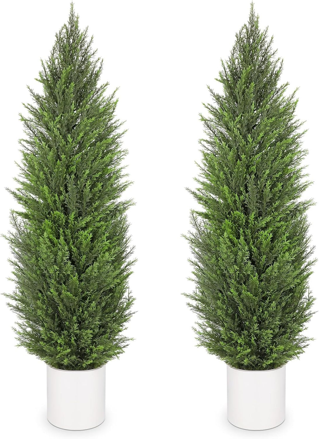 Briful 2PCS 5ft Artificial Cedar Topiary Trees in White Planter – Tall Faux Evergreen Potted Plants, Indoor Outdoor Fake Cypress Shrubs, Lifelike Fake Trees for Home, Office, Patio, Porch, Entryway