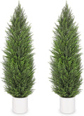 Briful 2PCS 5ft Artificial Cedar Topiary Trees in White Planter – Tall Faux Evergreen Potted Plants, Indoor Outdoor Fake Cypress Shrubs, Lifelike Fake Trees for Home, Office, Patio, Porch, Entryway