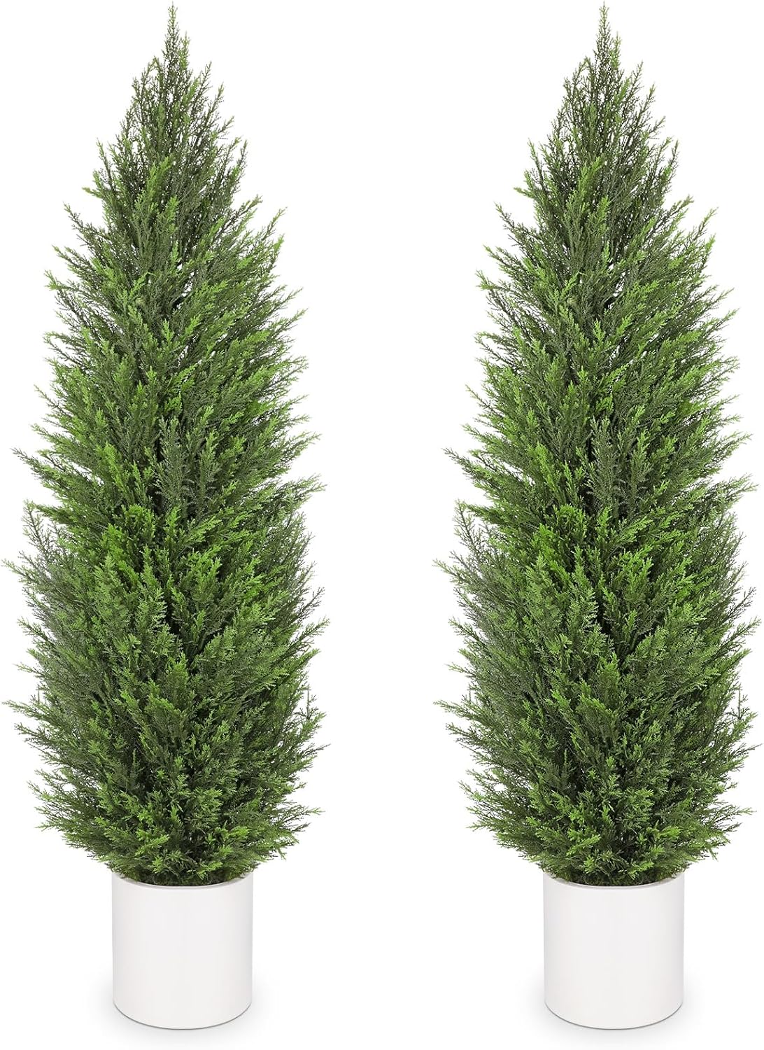 Briful 2PCS 5ft Artificial Cedar Topiary Trees in White Planter – Tall Faux Evergreen Potted Plants, Indoor Outdoor Fake Cypress Shrubs, Lifelike Fake Trees for Home, Office, Patio, Porch, Entryway