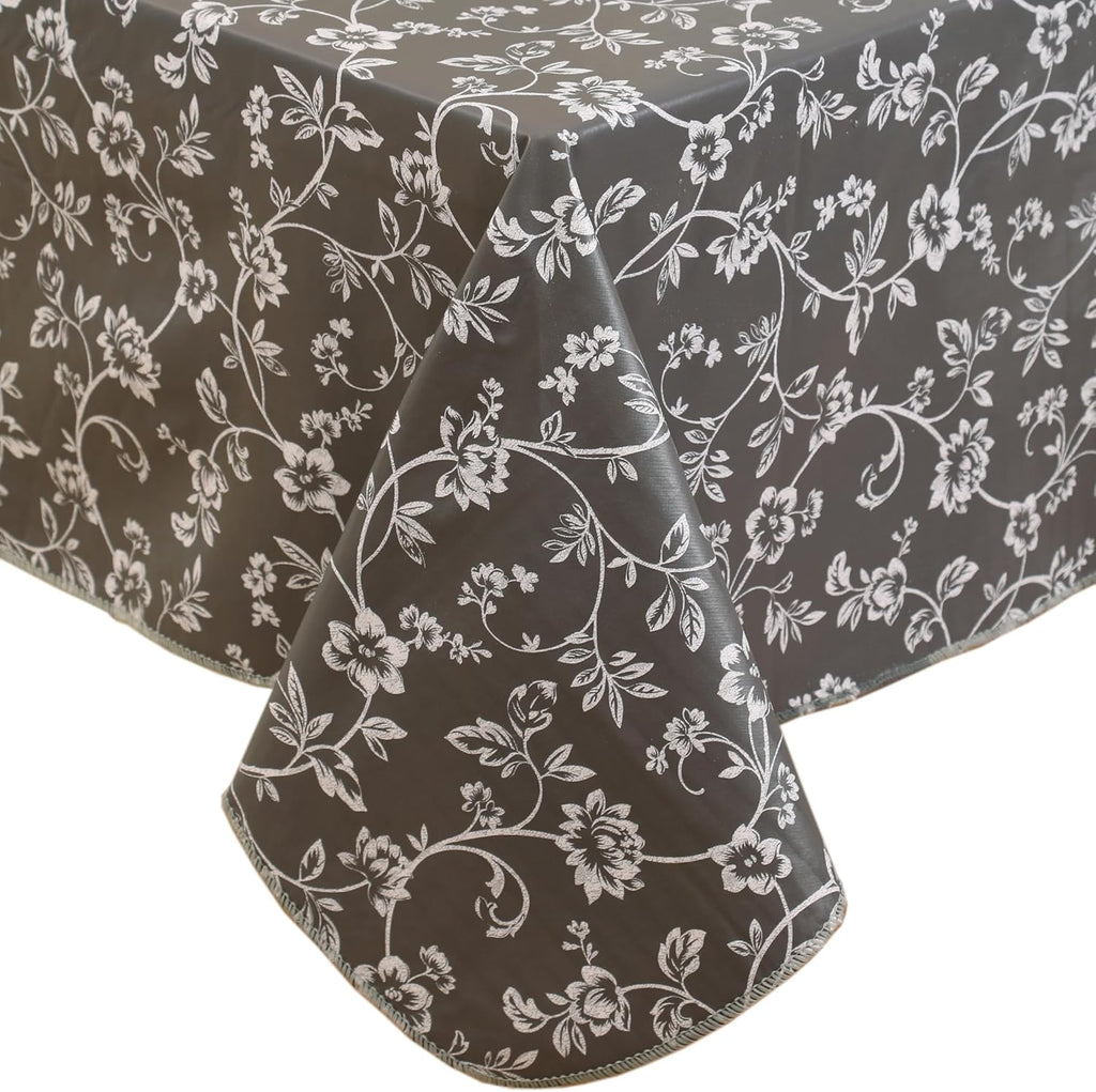Heavy Duty Vinyl Tablecloth with Flannel Backing Waterproof Oil-Proof Plastic Table Cloth Stain-Resistant Wipeable Rectangle or Square Table Cover for Indoor and Outdoor (Grey Floral,52x70 Inch)