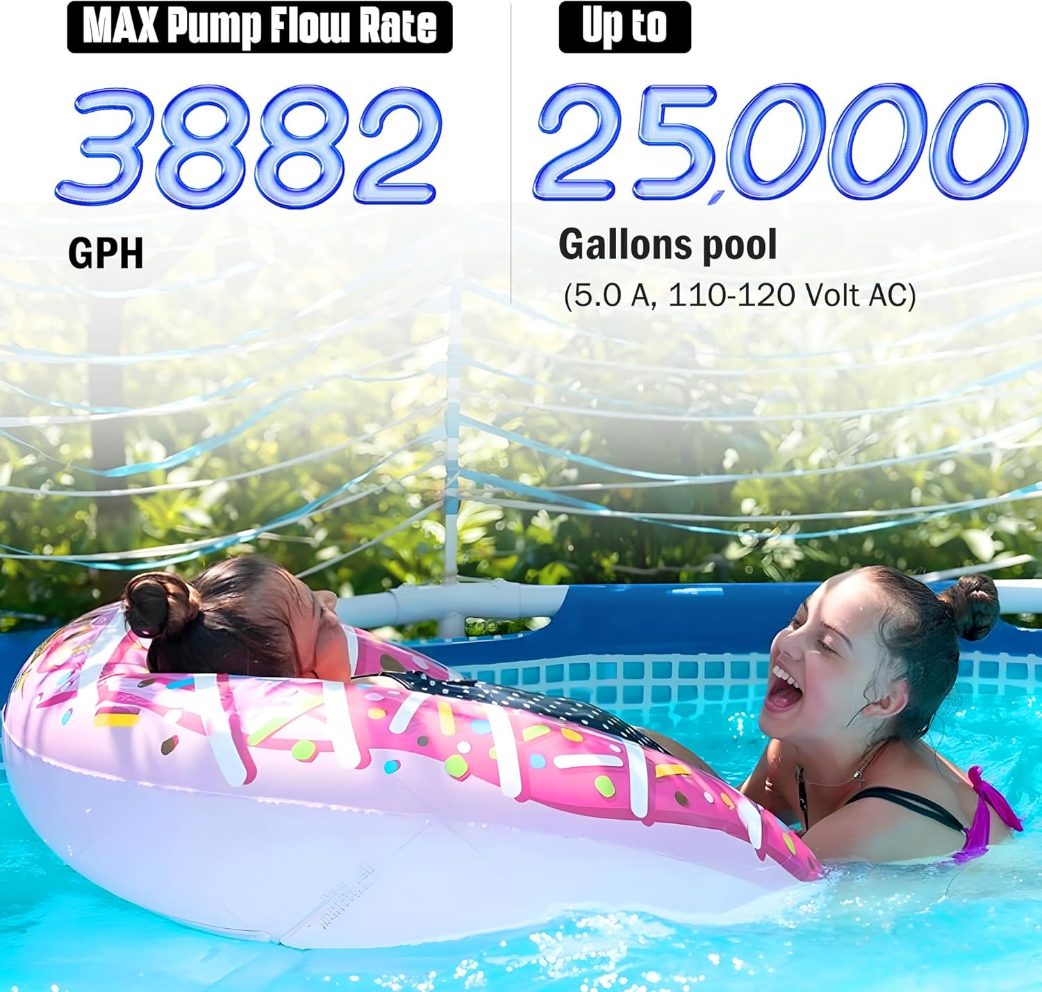 Sand Filter Pump for Above Ground - Flow Rate 3882 GPH, Up to 25K GAL, Pool Pumps above Ground Includes 6 Way Value, Digital Timer, GFCI Plug, 6.17 lbs of Filter Balls, and 3 Pack Hose(20", 40", 120")