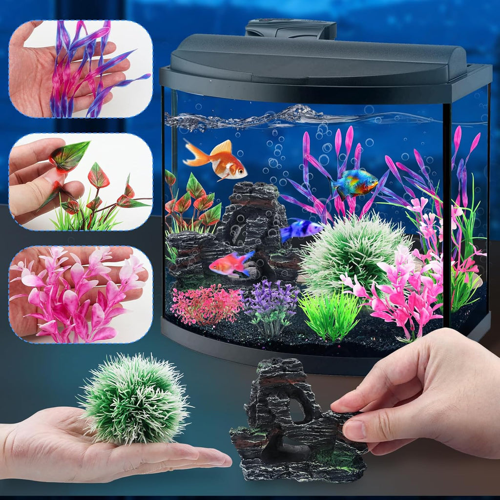 Fish Tank Accessories, Aquarium Fish Tank Plastic Plants and Cave Rock Decorations Set 10 Pieces, Small and Large Artificial Aquarium Plants with Cave Rock