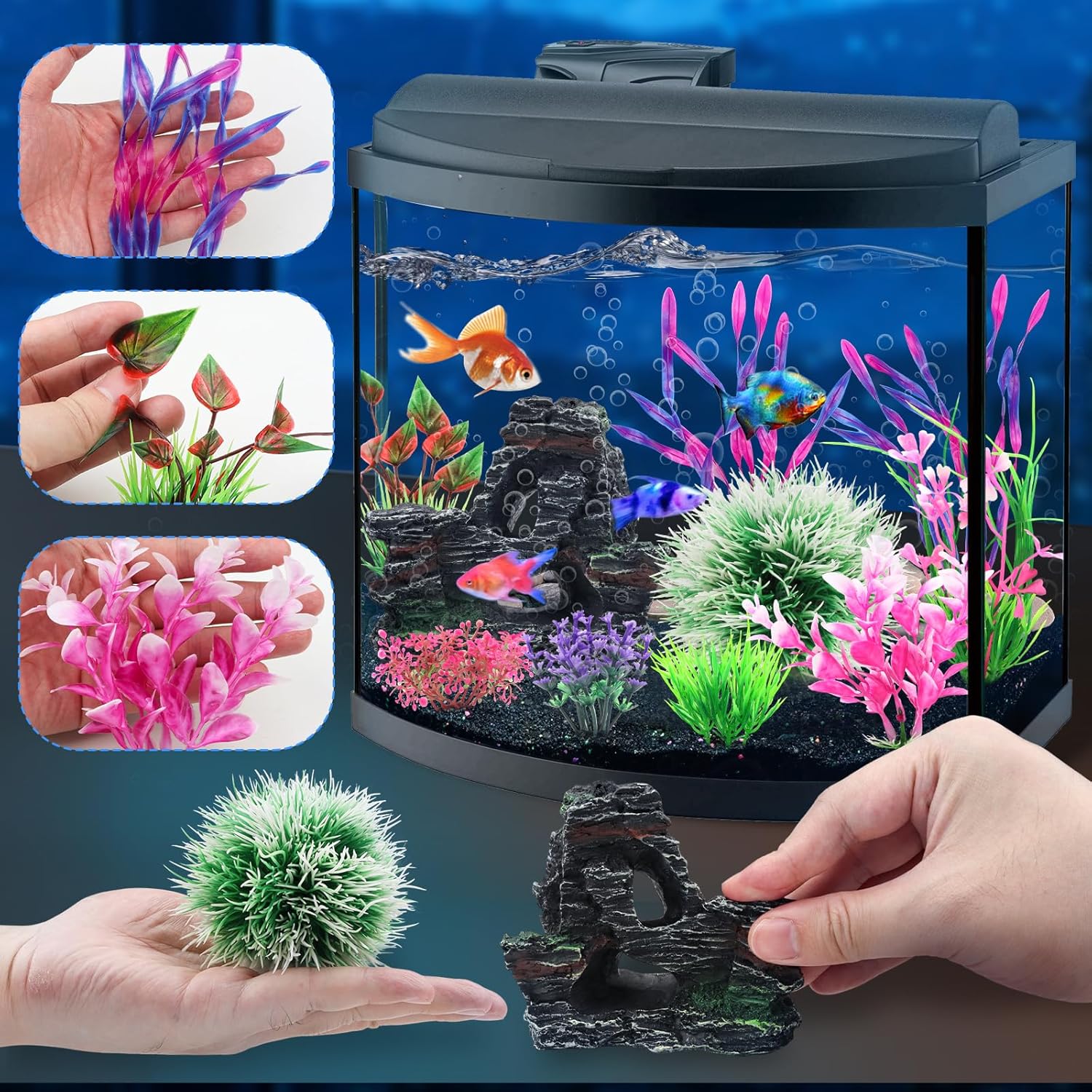 Fish Tank Accessories, Aquarium Fish Tank Plastic Plants and Cave Rock Decorations Set 10 Pieces, Small and Large Artificial Aquarium Plants with Cave Rock