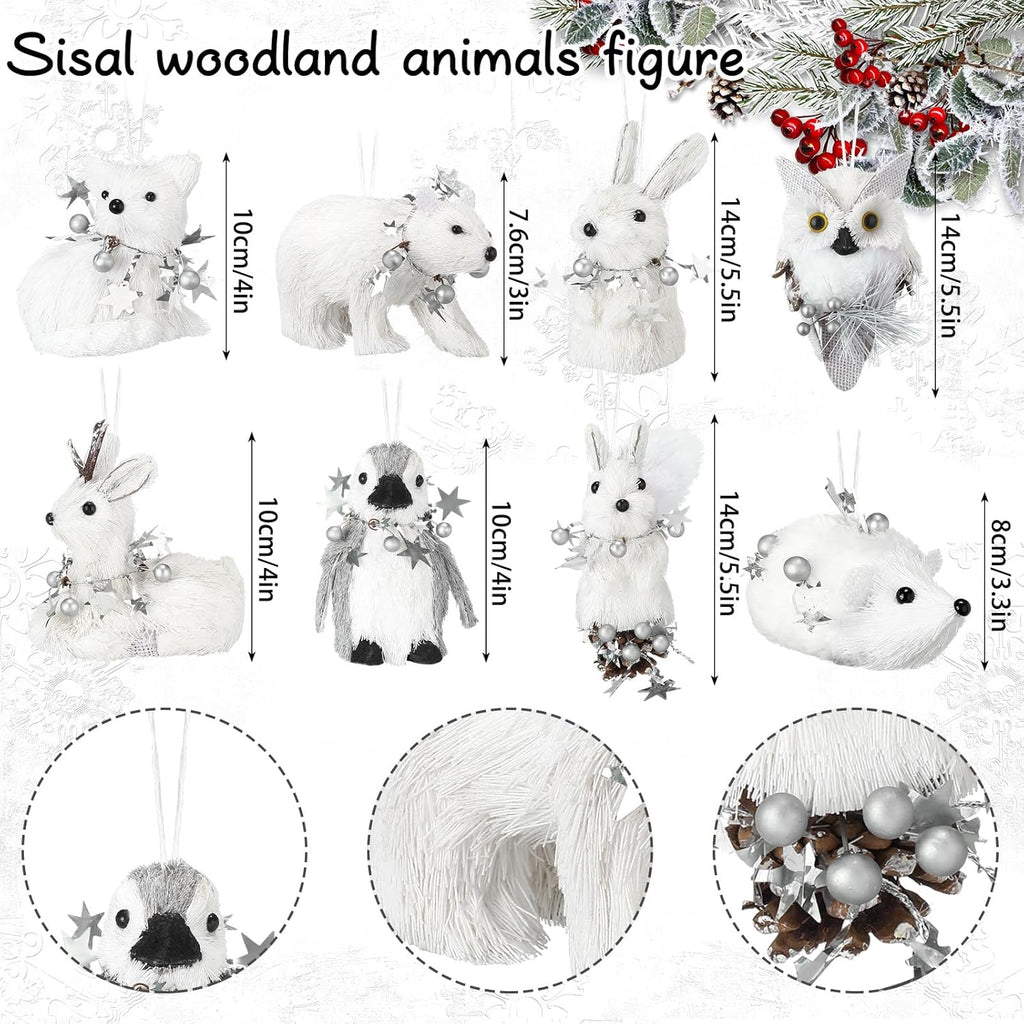 8 Pack Sisal Woodland Friends Animals White Mini Winter Christmas Tree Hanging Ornaments Set Natural Sisal Straw Figurines Rustic Forest Hanging Accessory Decor for Winter Fairyland Decor