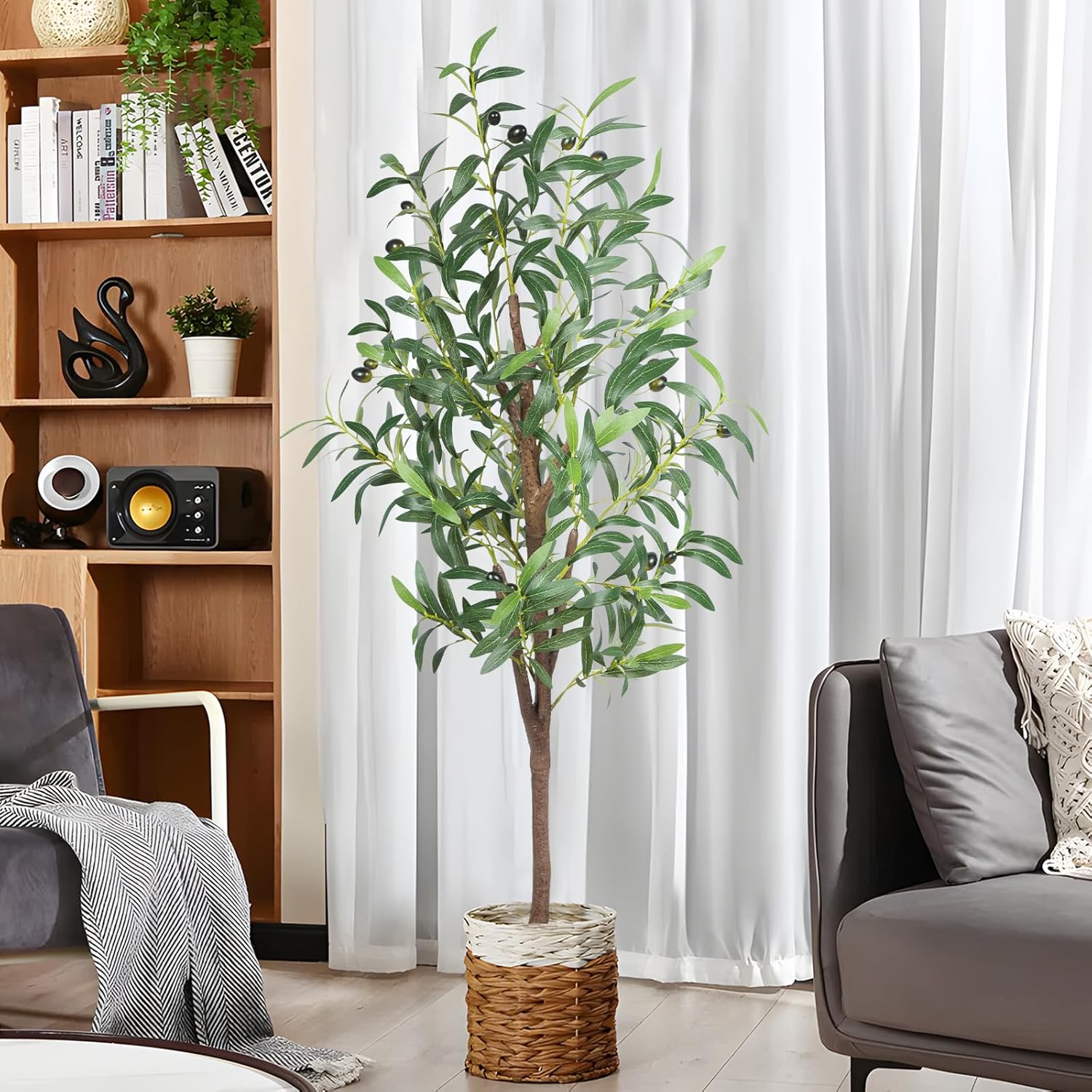 4FT Artificial Olive Tree, Faux Olive Trees 48in Outdoor Fake Potted Silk Plant with Trunk and Realistic 436 Leaves and 16 Fruits for Modern Office Home Decor Indoor 2Pack