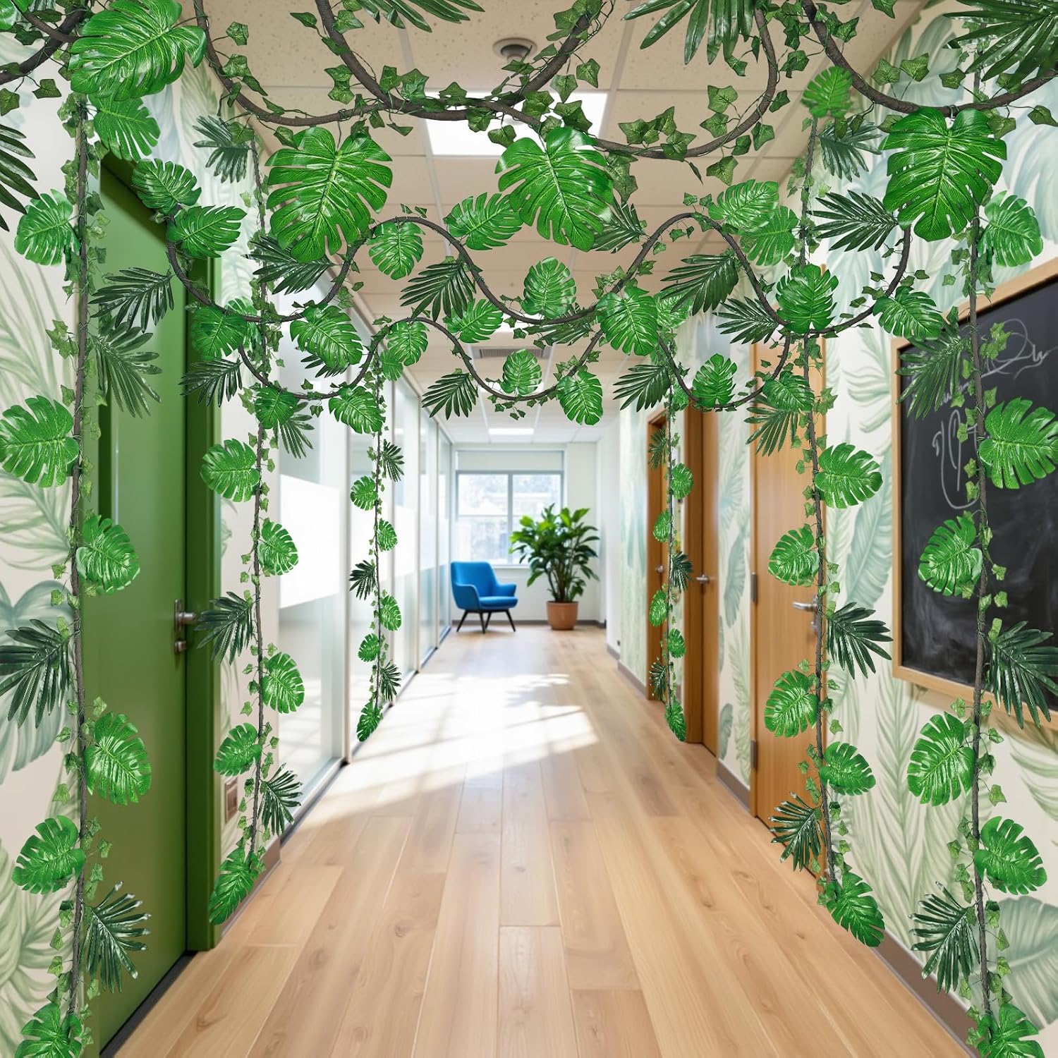TOCHGREEN 2Pcs 9ft Jungle Theme Party Decorations Artificial Rattans 5 Ivy Fake Vines Tropical Rainforest Leaves Safari Plants with 30Pcs Tropical Palm Leaves for Indoor Outdoor Garden Party Decor