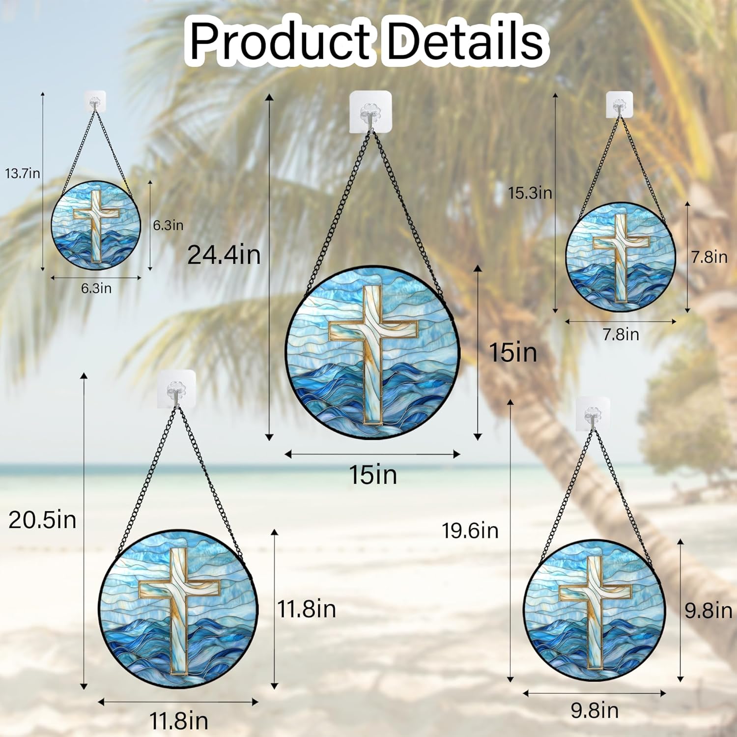 Christian Gifts for Women - Blue Cross Stained Glass Window Hanging Jesus Easter Ocean Waves Sun Catcher Garden Religion Decor Mother's Day Catholic Gift for Men Grandma Mom Her Nana 7.8"