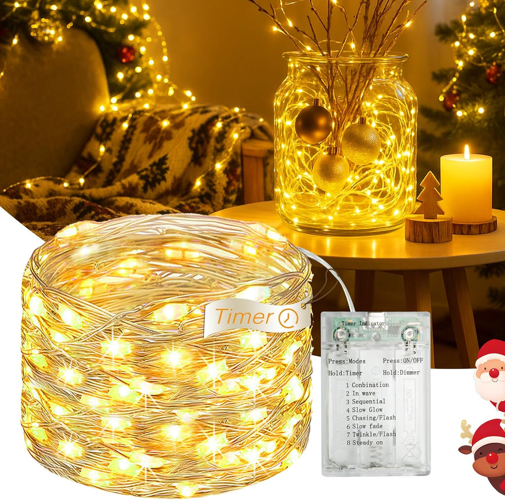 16FT 50 LED Fairy Lights Battery Operated with Timer, 8 Modes USB Mini Twinkle Light, Small String Lights for Christmas Tree Wreath Vase Bedroom DIY Wedding Party Decorations-Warm White