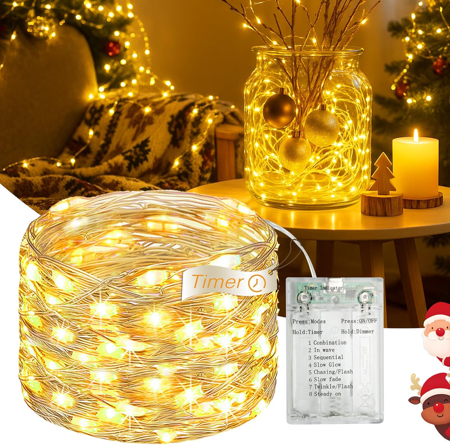16FT 50 LED Fairy Lights Battery Operated with Timer, 8 Modes USB Mini Twinkle Light, Small String Lights for Christmas Tree Wreath Vase Bedroom DIY Wedding Party Decorations-Warm White