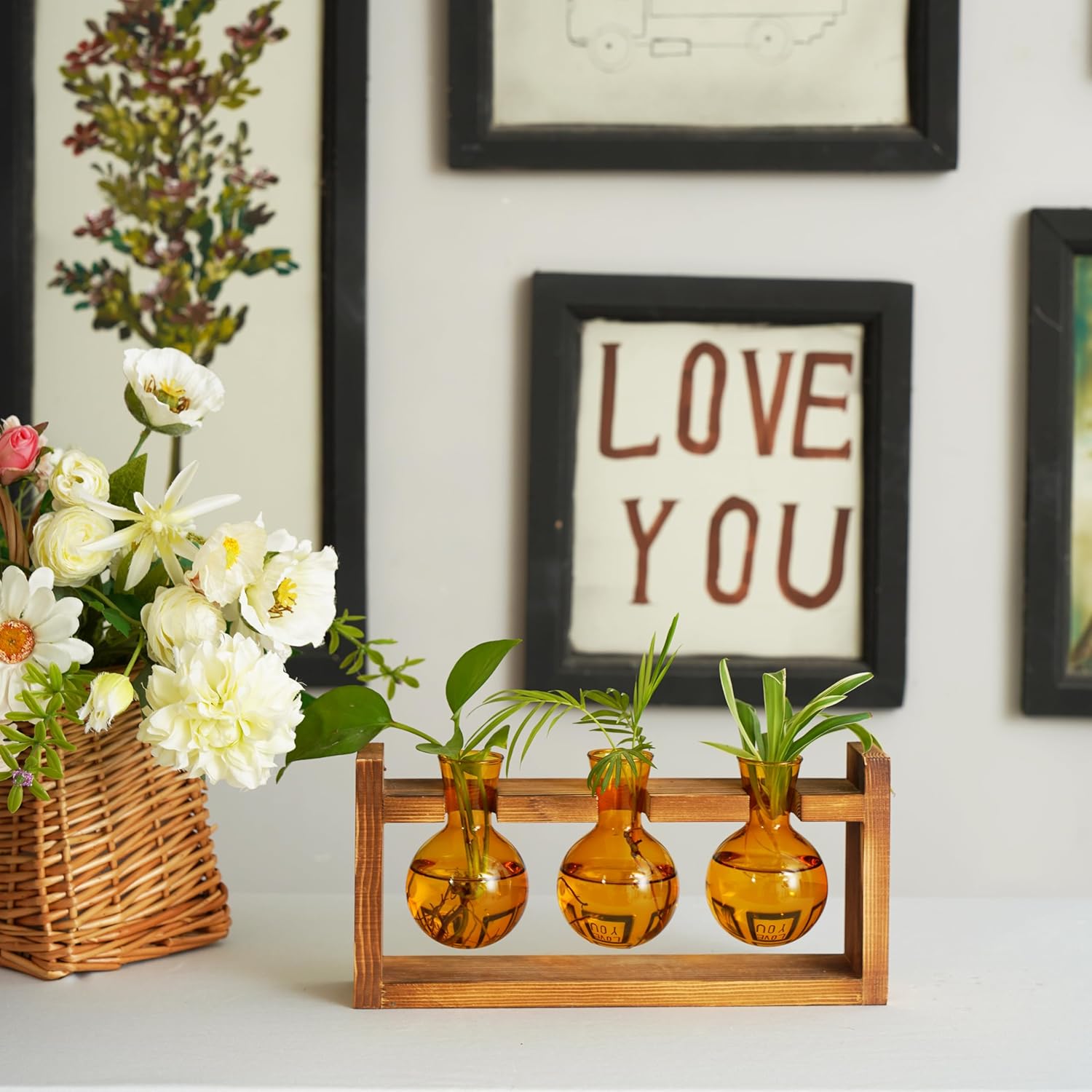 Kingbuy Glass Plant Terrarium Propagation Station - 3 Bulb Colored Vases with Retro Wood Stand Indoor Garden Planter - Wall Mounted & Desktop Decor for Home Kitchen Wedding, Plant Lover Gift, Amber