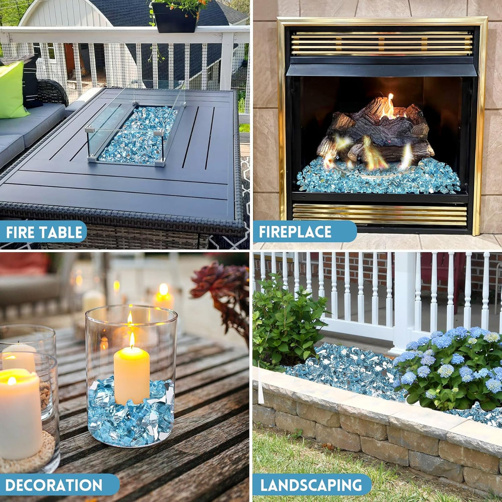 GasSaf 1/4 Inch Fire Glass Reflective Tempered Fireglass Cut Crushed FireGlass for Fire Pit, Fireplace, Replaces Existing Gas Logs & Lava Rocks (20 Pound)(Caribbean Blue)