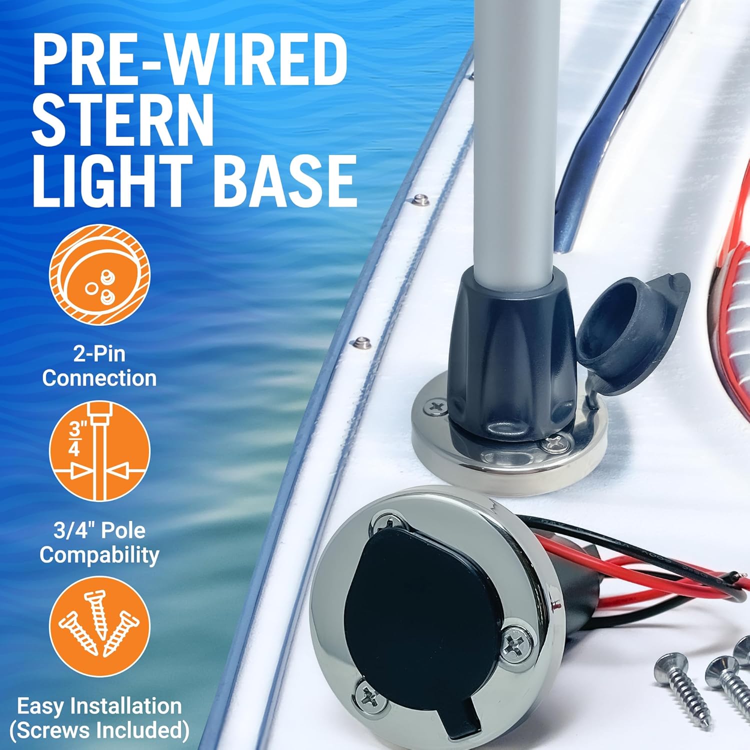 Boat Stern Light Base, Navigation and Anchor Light Base Socket, 2-Pin Plug for Stern Lights, Stainless Steel Trim, Vertical Slot Design for Boats