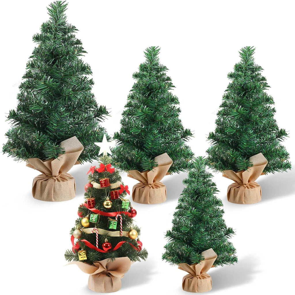 Libima 5 Pieces Tabletop Mini Christmas Tree 15.7" 11.8" 7.9" Artificial Green Xmas Pine Tree Christmas Decorations for Home Miniature Trees with Linen Base for Dining Kitchen Desk Home