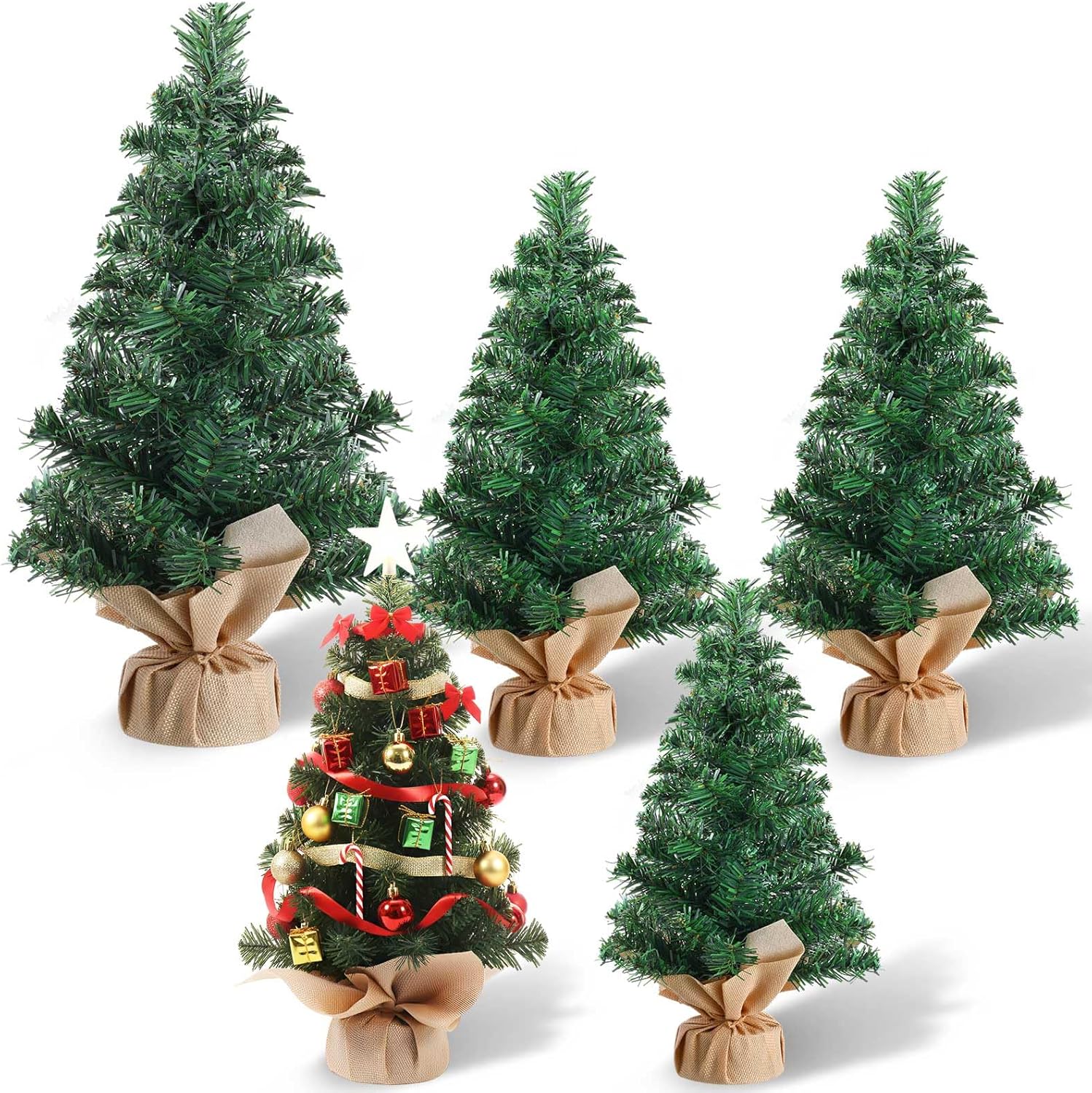 Libima 5 Pieces Tabletop Mini Christmas Tree 15.7" 11.8" 7.9" Artificial Green Xmas Pine Tree Christmas Decorations for Home Miniature Trees with Linen Base for Dining Kitchen Desk Home