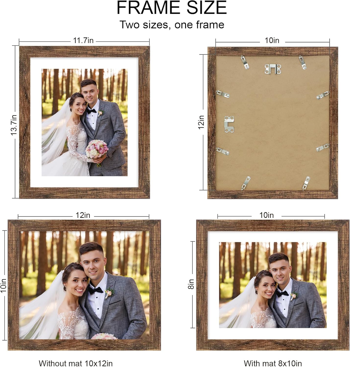 10x12 Picture Frame Set of 4, Made of Real Glass and Rustic Brown Frame - Display Picture 8x10 with Mat or 10x12 Without Mat, 10 by 12 Photo for Wall Mounting