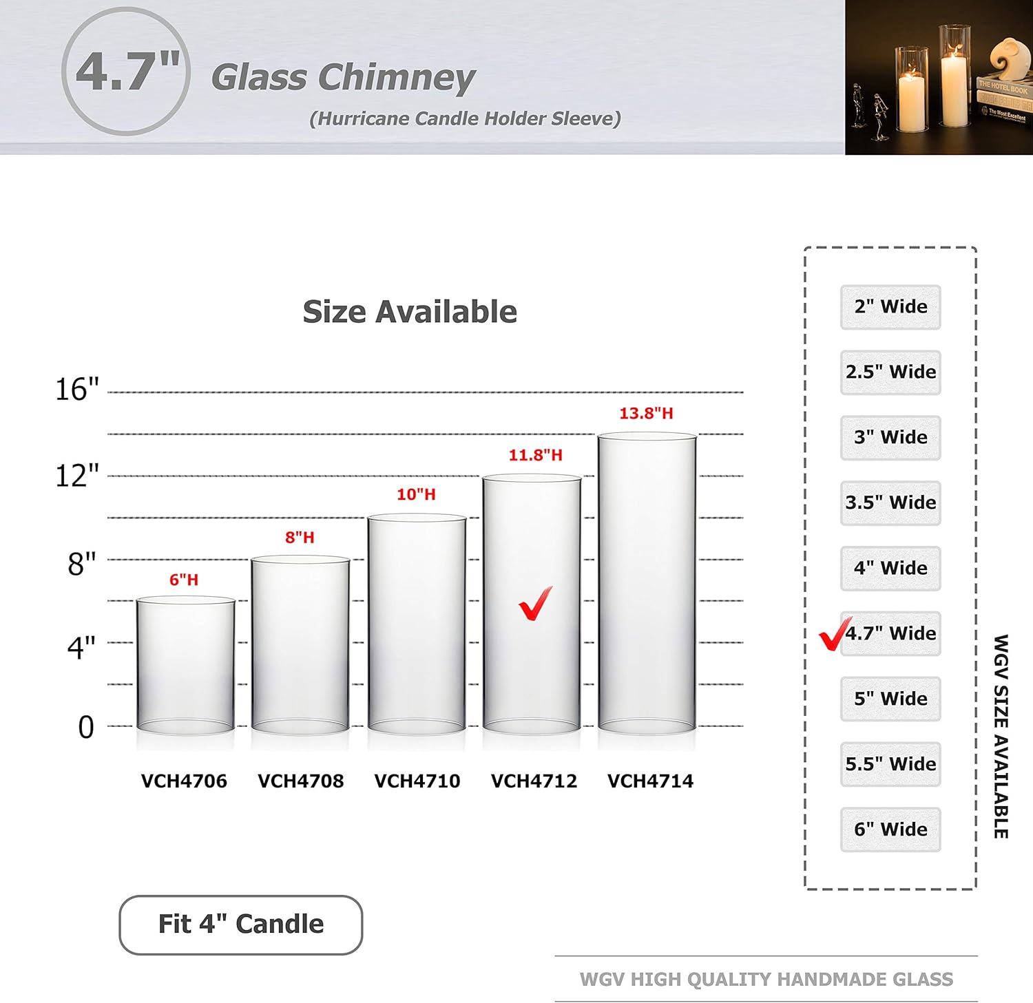 WGVI Hurricane Candle Holder Sleeve, Wide 4.7", Height 12", Clear Glass Cylinder Candleholder, Chimney Tube, Open Ended Candle Shade, 6 Pieces Bulk