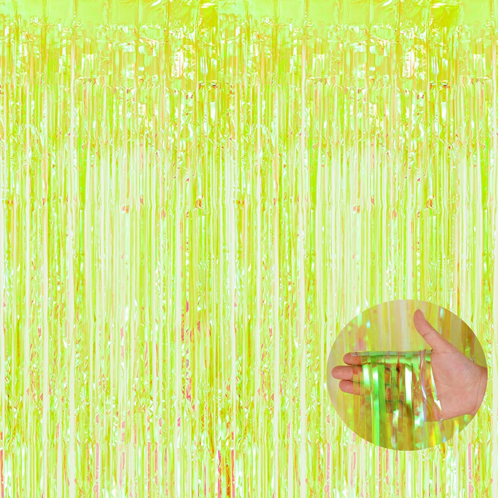 BRAVESHINE Iridescent Foil Fringe Backdrop - 2 Pack 3.2 x 6.5 ft Holographic Tinsel Curtain Party Streamers Photo Backdrop for Birthdays Dinosaur Theme Christmas Patricks Decorations - Clear Green