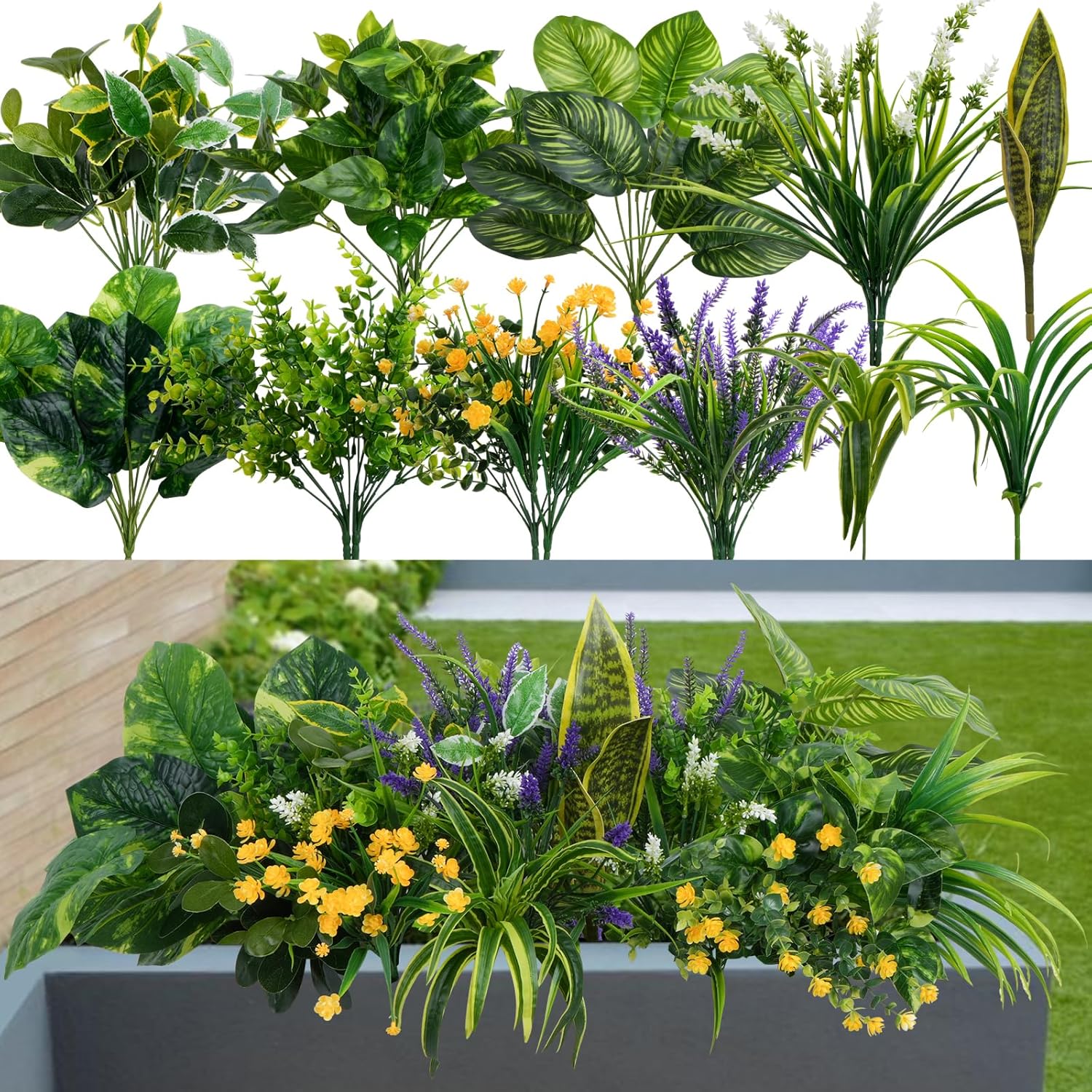 GTIDEA 19 Bundles Outdoor Faux Plants, Artificial Plants & Flowers UV Resistant Fake Plastic Leaves Greenery Stems for Outside Window Box Hanging Baskets Garden Patio Front Porch Decor