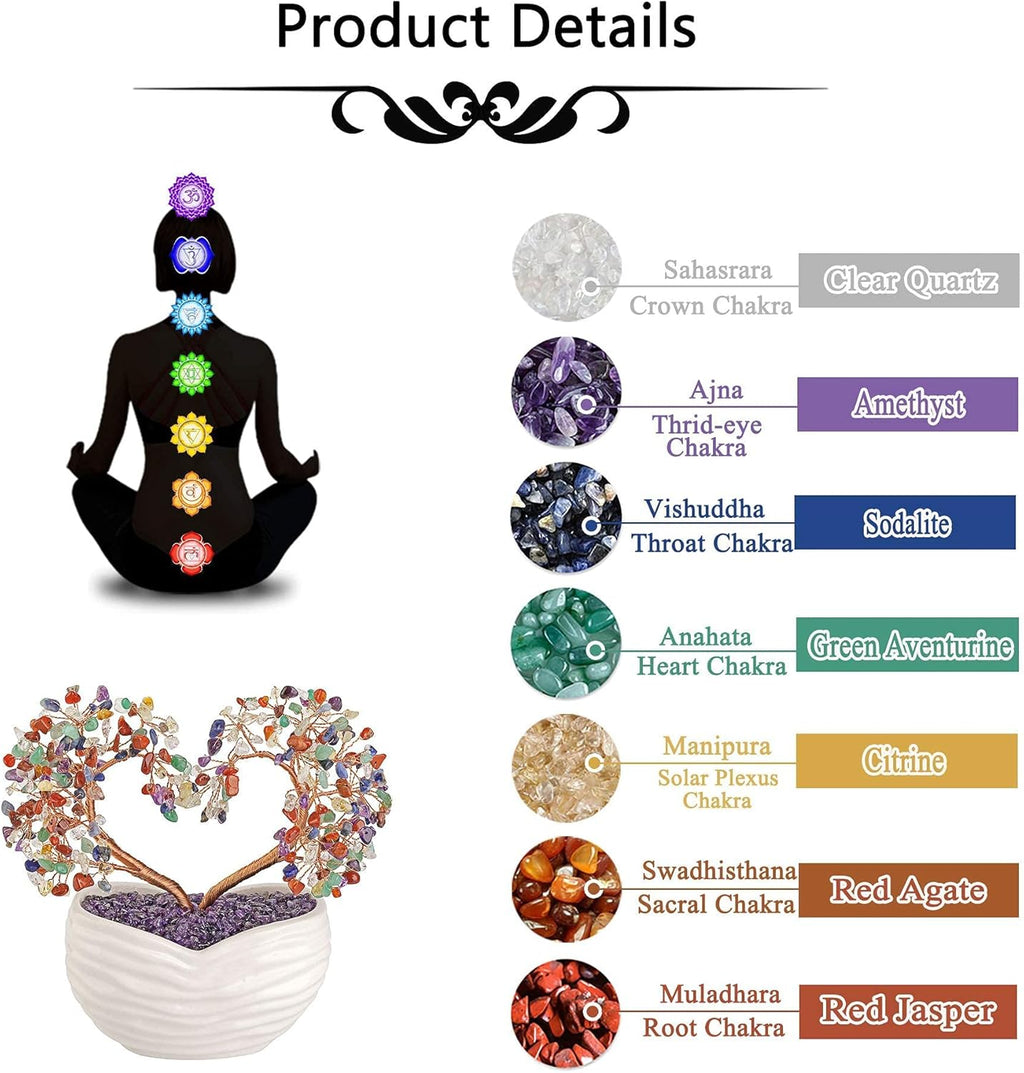 GEHECRST 7 Chakra Healing Crystal Tree Heart Shape Crystal Gemstone Bonsai Money Tree Feng Shui Crystal Ornament for Home Office Desk Decor Good Luck Crystals Gifts for Mom Christmas Day Her Women