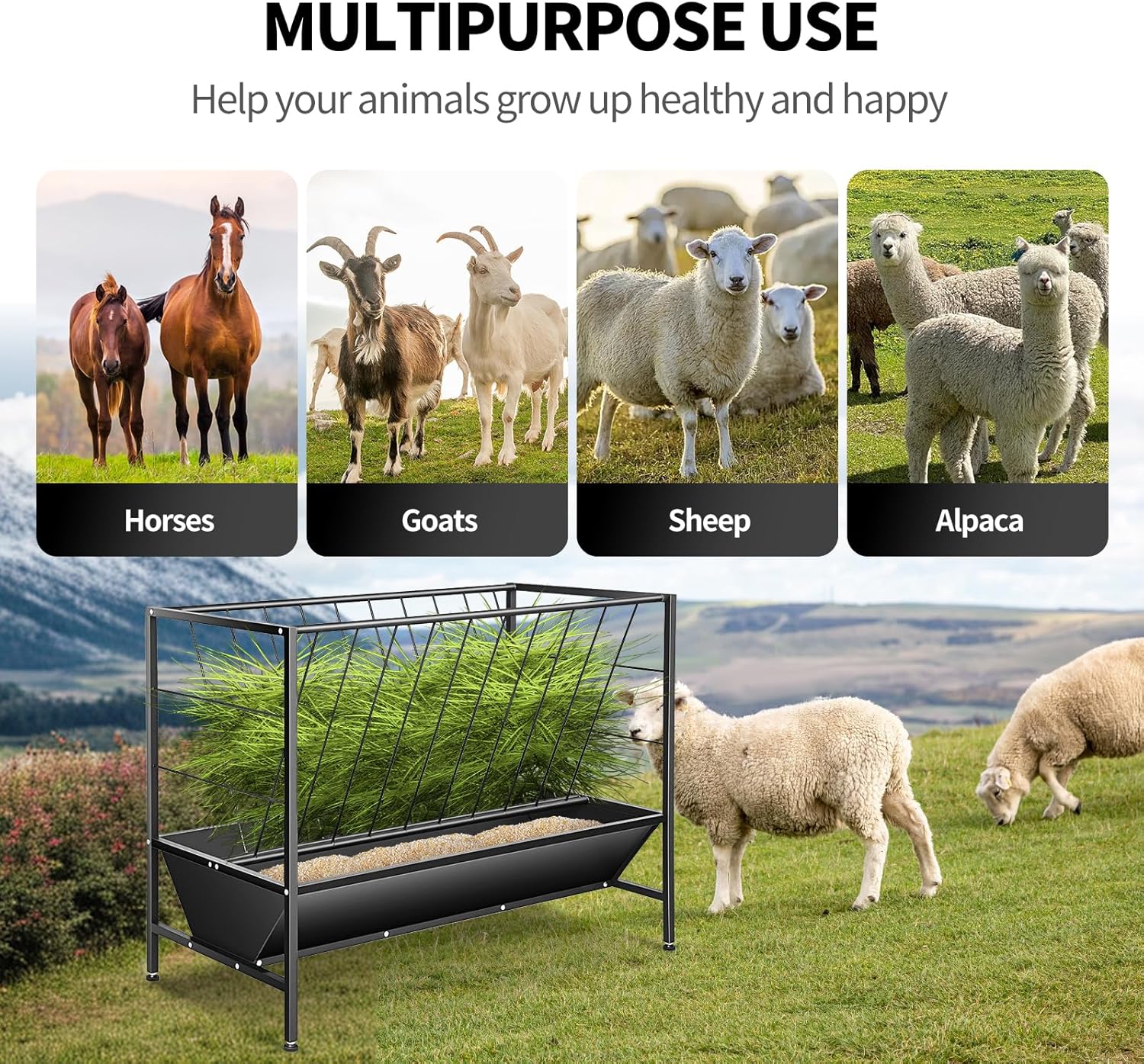 RYFT 2 in 1 Pasture Hay Feeder 45 Gallon Livestock Feed Trough with 24 Gallon Feed Pan, Hay Grain Livestock Feeder for Sheep, Calf, Cow and Horse